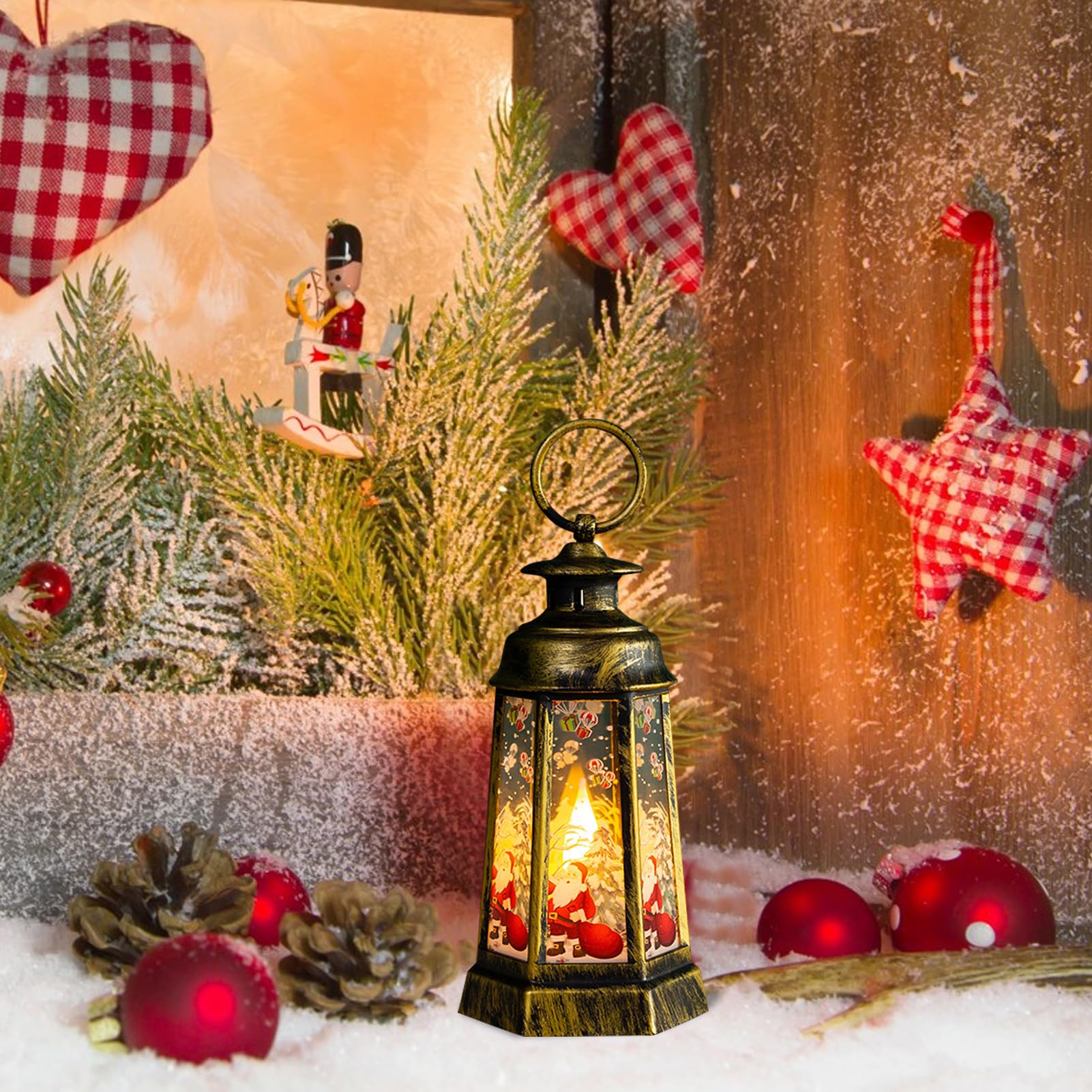 Christmas Lanterns, Christmas Decorations Vintage Xmas Candle with LED Tea Light Santa Claus Lantern Hanging Lamp Fireless Candles Lamp for Indoor or Outdoor Christmas Holiday Table Decorations (C)