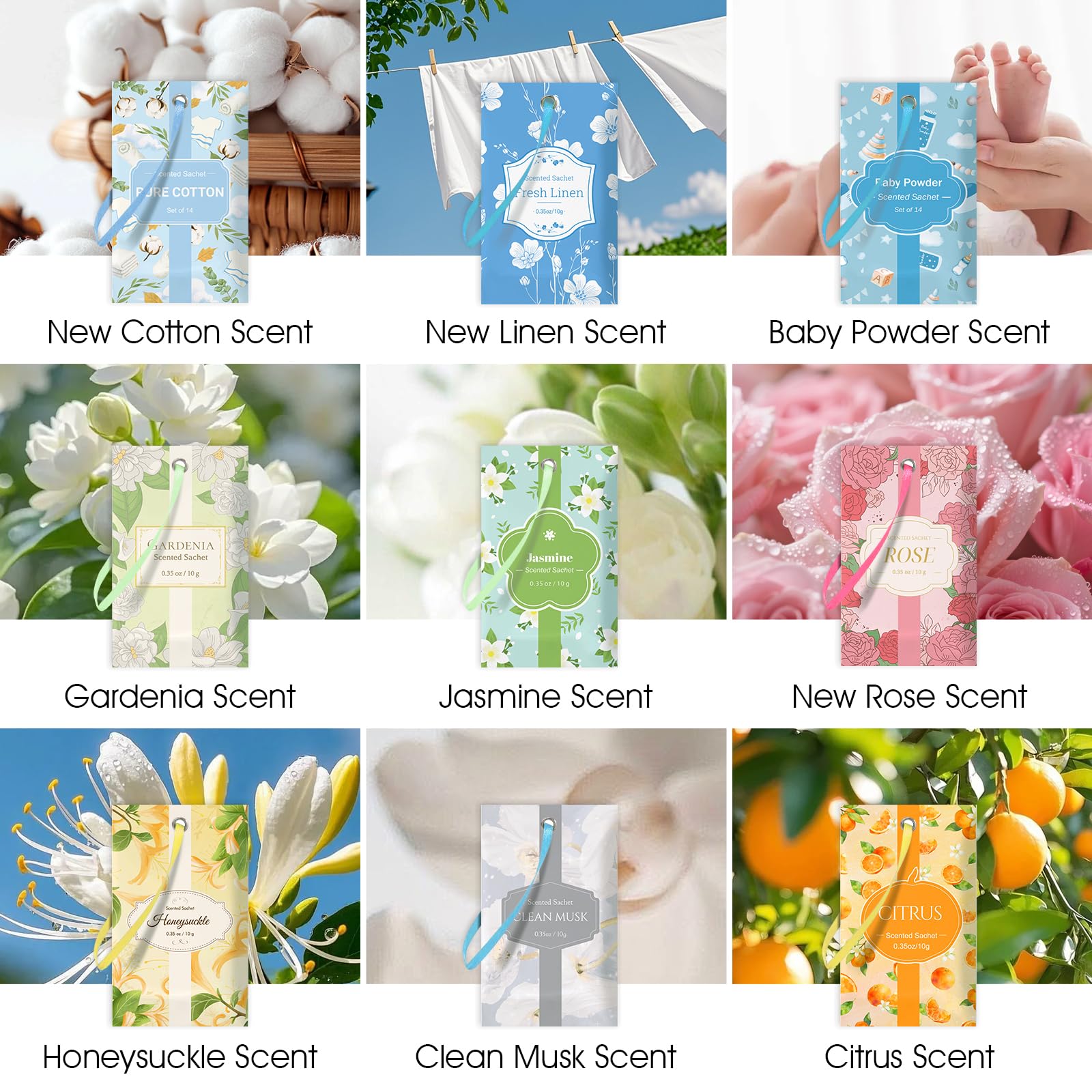 SCENTORINI Sachets Parfumés, Parfumés de Chèvrefeuille, Frais pour Tiroirs, Armoires, Voitures, et Garde-Robes, 14 sachets, Parfum Longue Durée