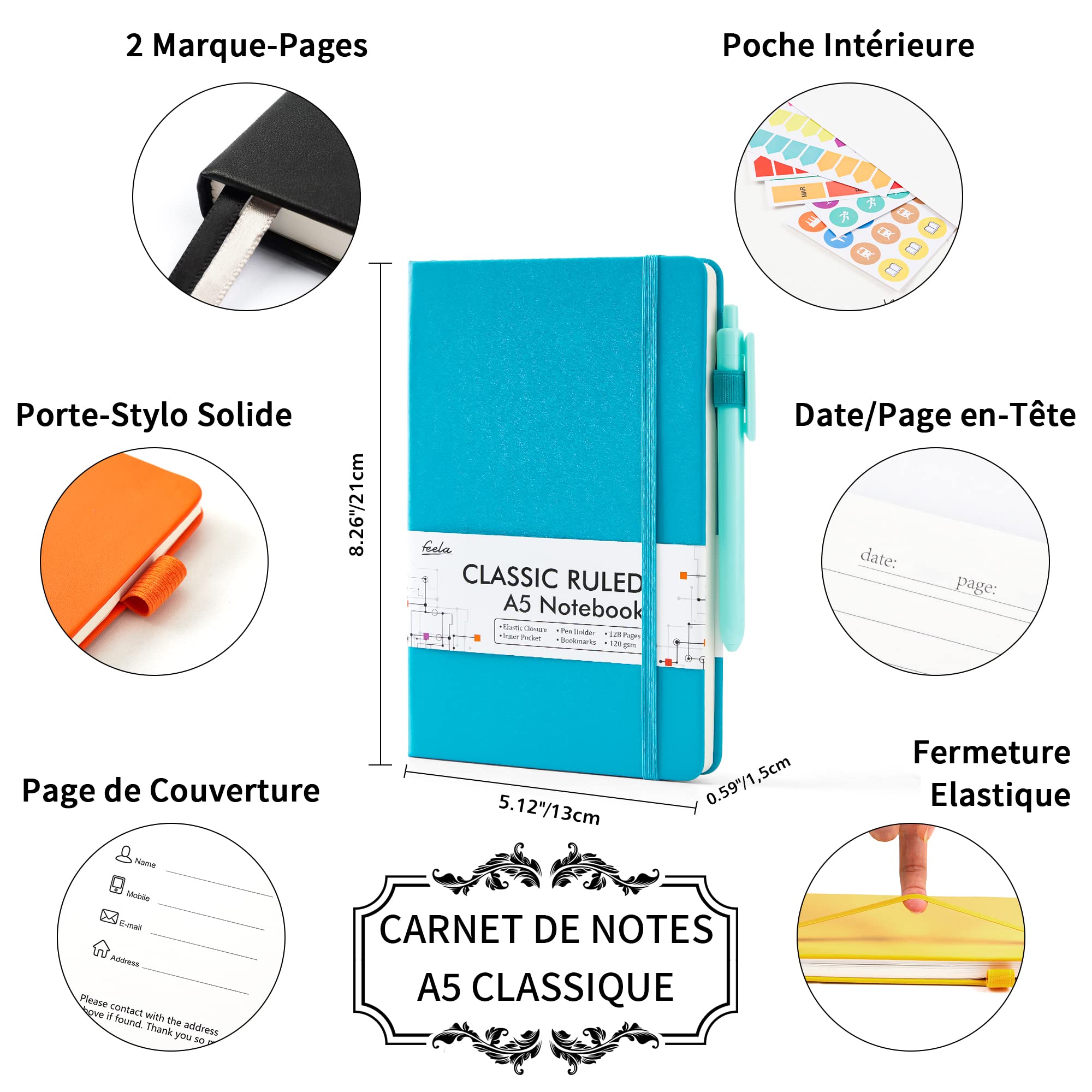 feela Lot de 5 Carnet de Notes A5 avec 5 Stylos Noirs, Carnet A5 Ligné Classique à Couverture Rigide, Carnet de Notes Cuir pour Travail et Prise de Notes, 128 Pages, 120 gsm, Couleurs Unies