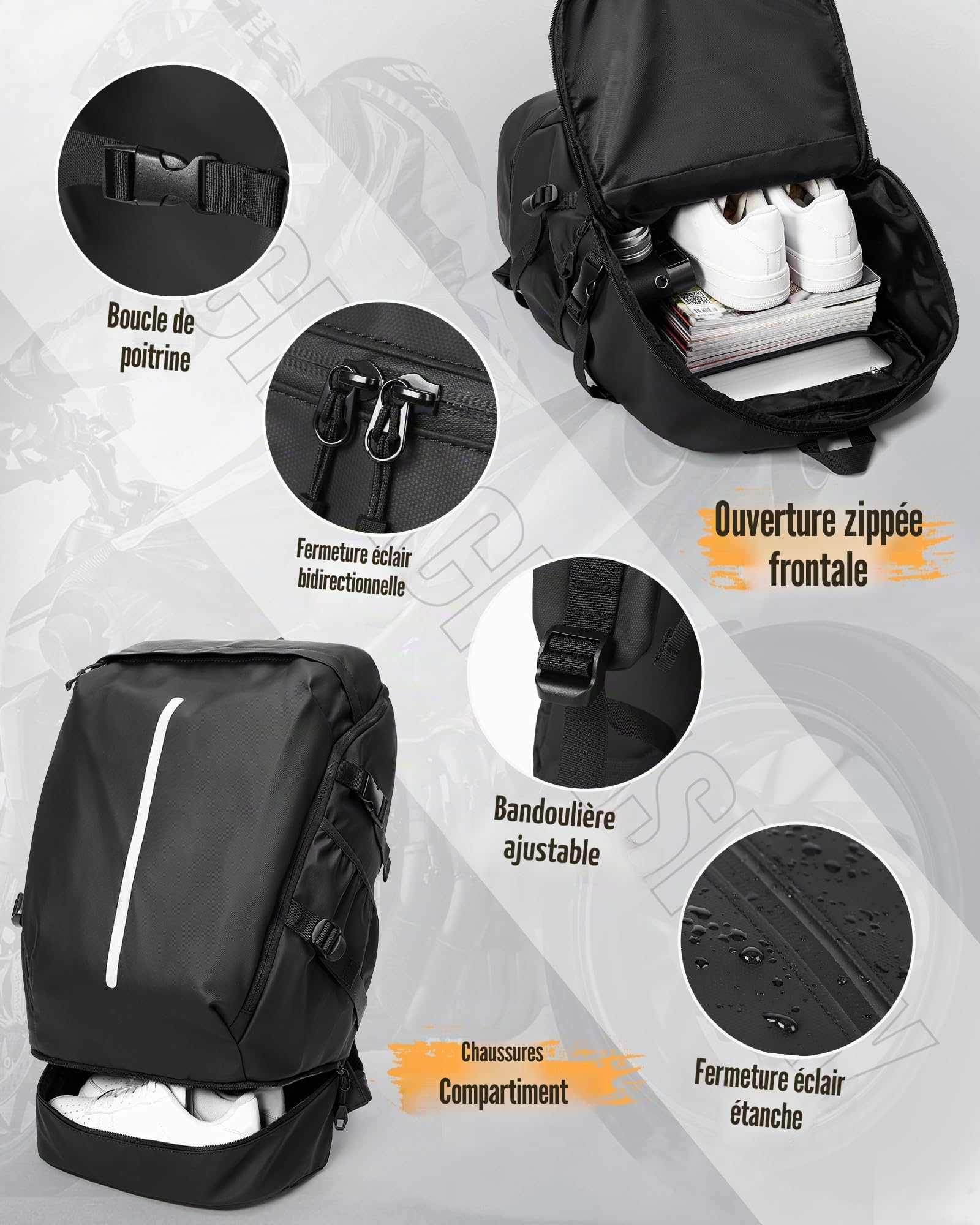 Sacs à dos étanches pour moto pour hommes et femmes Grands sacs à dos pour moto Sacs de voyage avec compartiment pour chaussures Sac à dos léger pour moto Motorcycle Backpack Noir