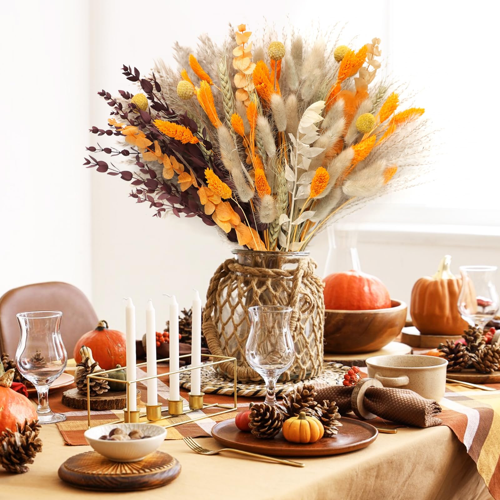 105 PCS Fall Decor Autumn Decorations for Home Decor Fluffy Dried Flower Bouquet Table Boho Natural Flowers Dried Bunny Tails for Living room Decor Wedding Arrangement - Image 3