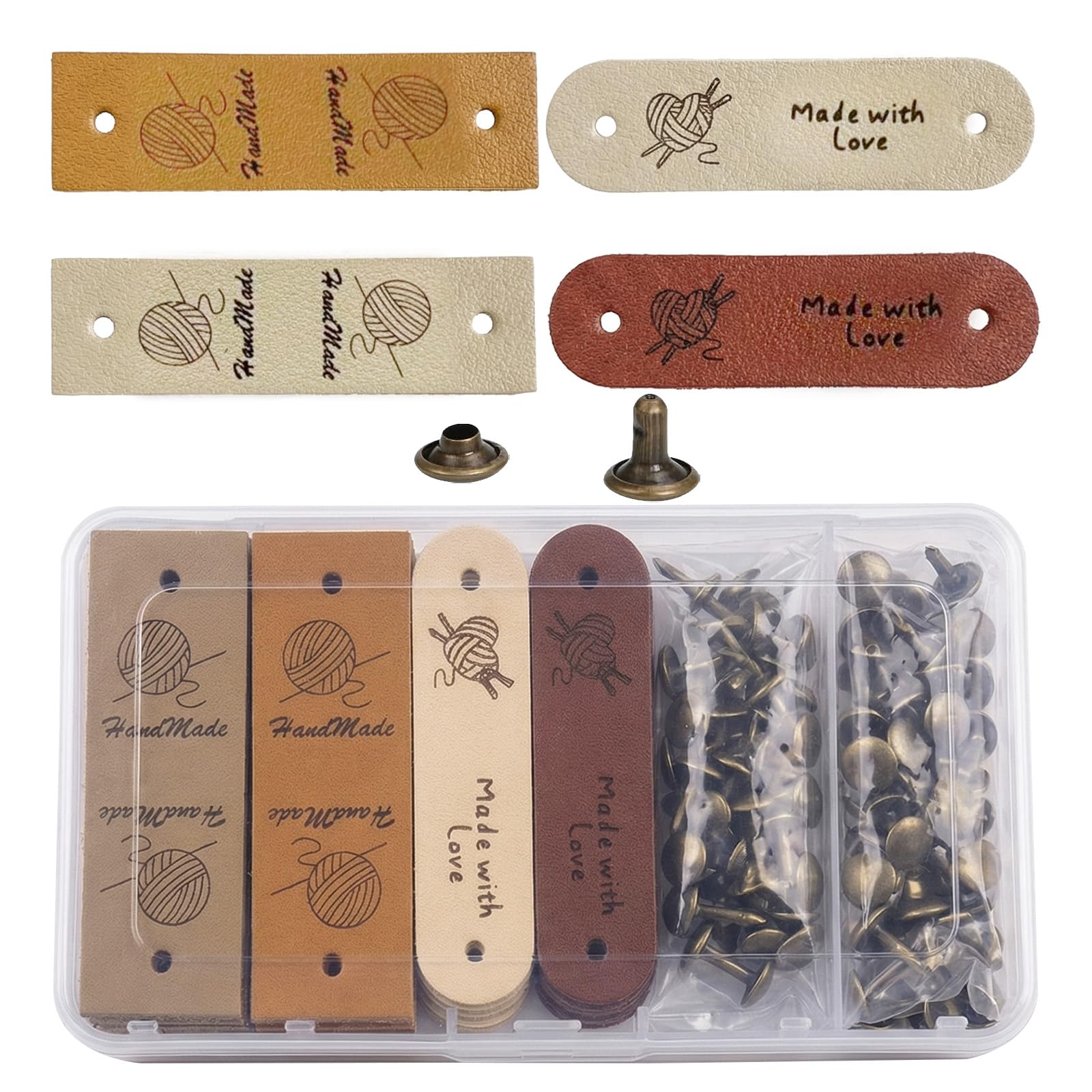 Gdrghe 20Pcs Handmade PU Leather Labels Handmade with Love Tags for Crochet Knitting DIY Crafts with Rivets，Bring Some Fun to Your Craft Projects