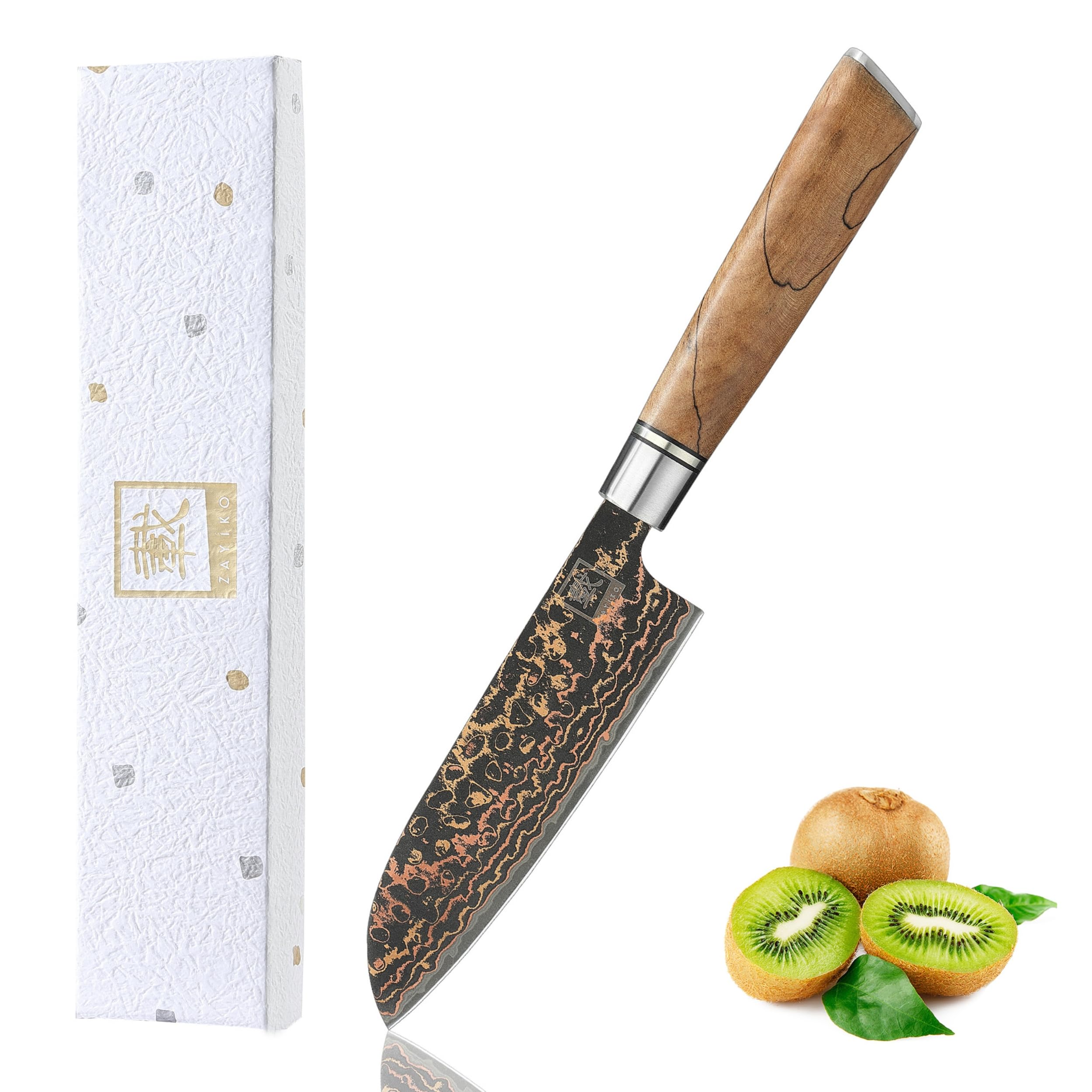 zayiko BlackMagma Damastmesser Santoku 12 cm, Damaststahl, Ahornholzgriff | 33 Lagen mit VG10 Stahlkern, Kupfer-Bronze-Einlage, dunkles Klingenfinish, 15° V-Schliff beidseitig, 60 ± 2 HRC, Geschenkbox.