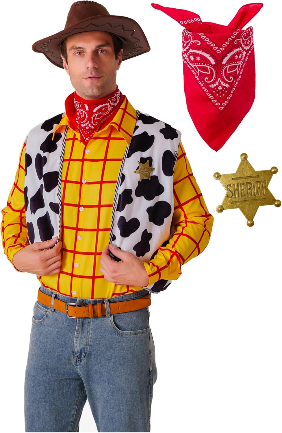 Cowboy Costume for Men with Plaid Shirt, Vest, Neckerchief & Gold Star Metal Badge - Western Outfit for Halloween and Parties