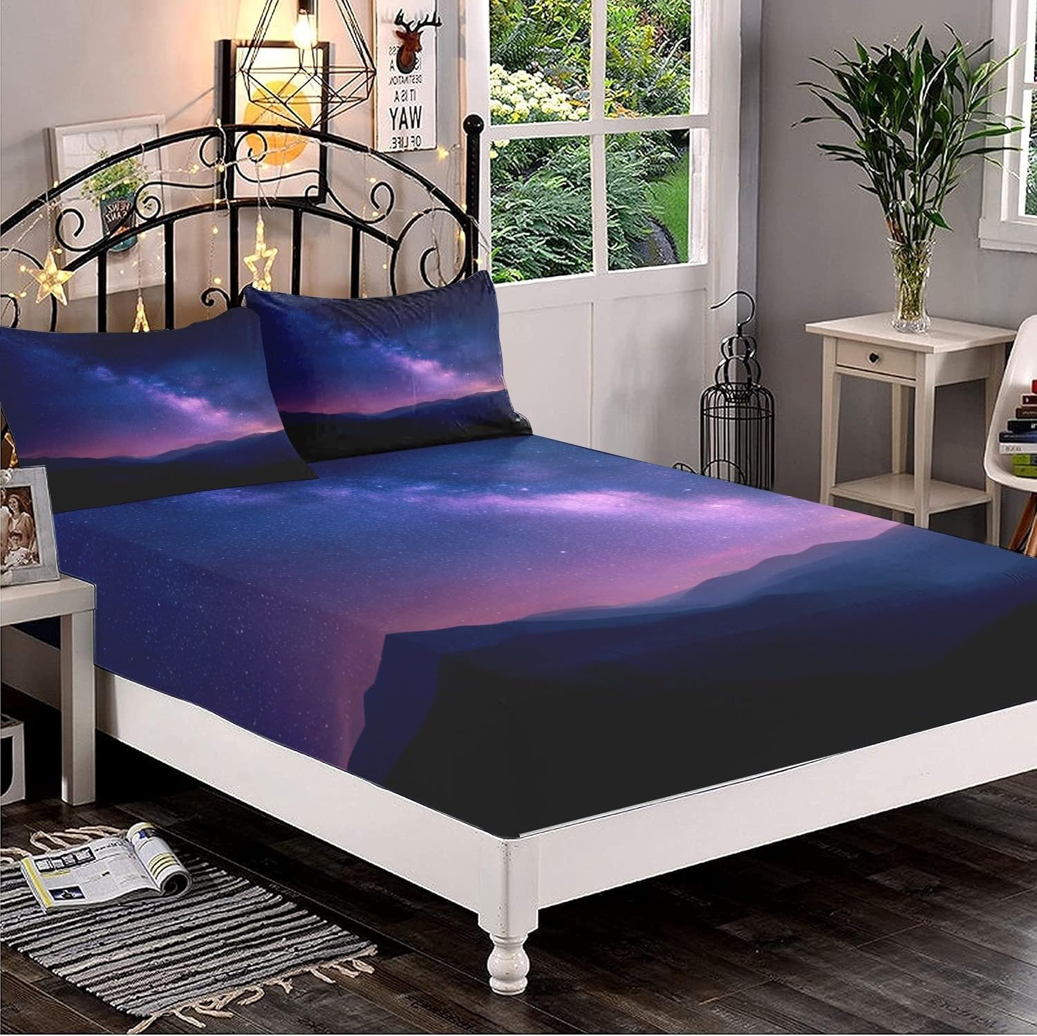 Drap Housse 200x200cm Bleu Violet Bande Élastique Réglable 2 Personnes Lit
