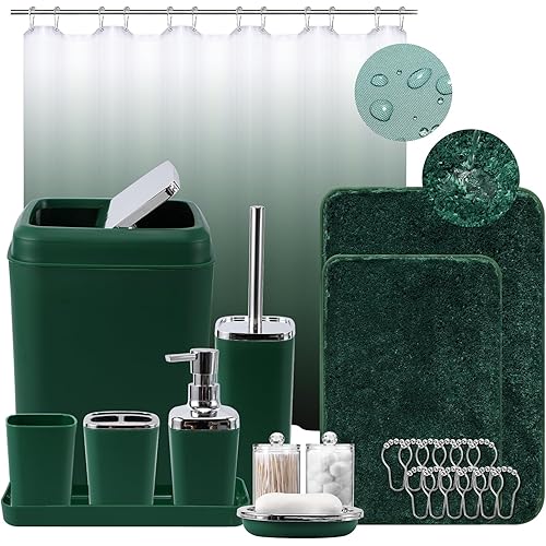 Dark Green Bathroom Accessories Set with Shower Curtain and No-Slip Bath Rugs,24PC Bath Sets with Trash Can, Toothbrush Holder, Cup, Soap Dispenser, Tray, Soap Dish, Toilet Brush, Qtip Holders