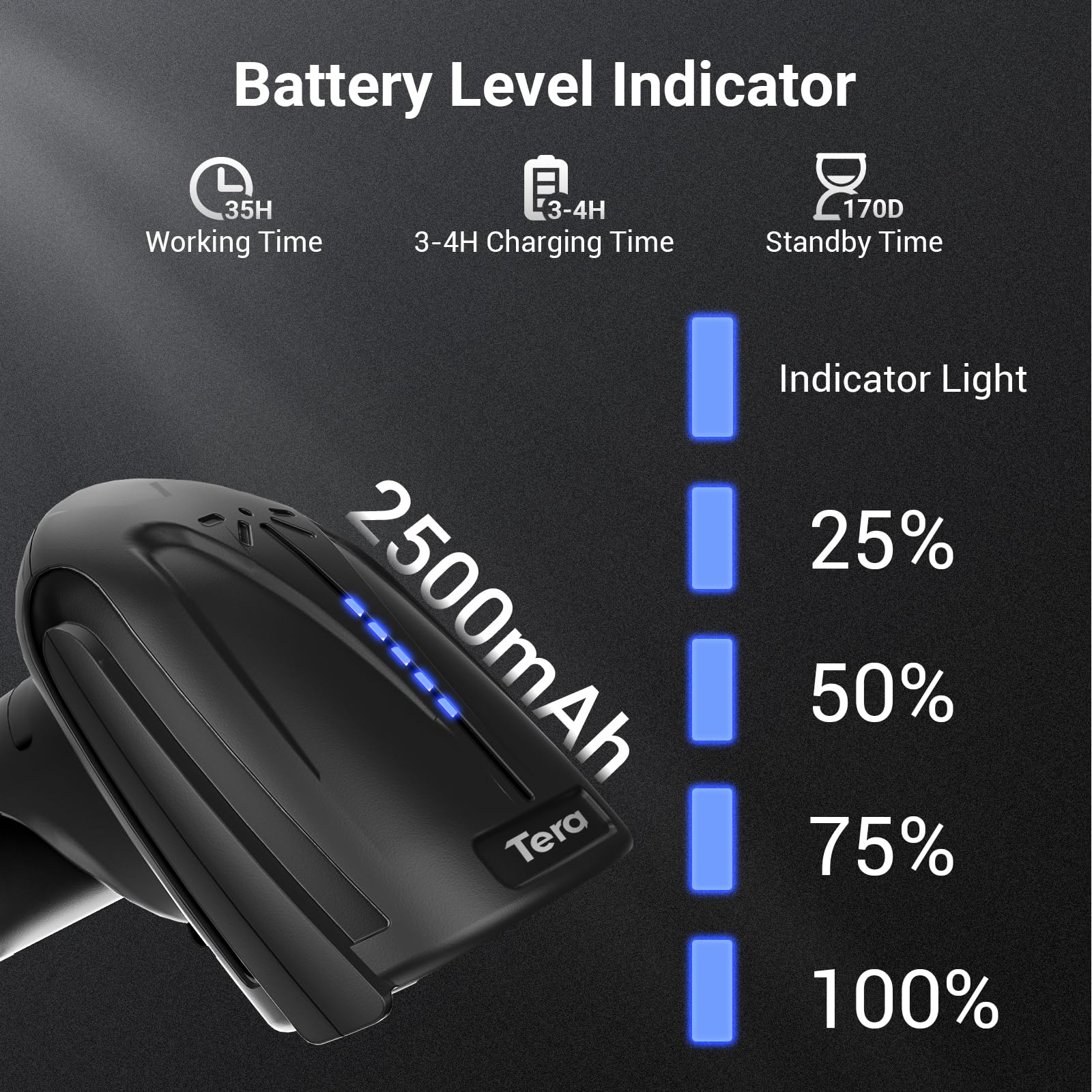 Tera Escáner de códigos de barras inalámbrico 2D QR con soporte: Pro Version Indicador de batería de 2500 mAh Lector de códigos de barras de grado industrial compatible con Bluetooth 2.4G para Windows
