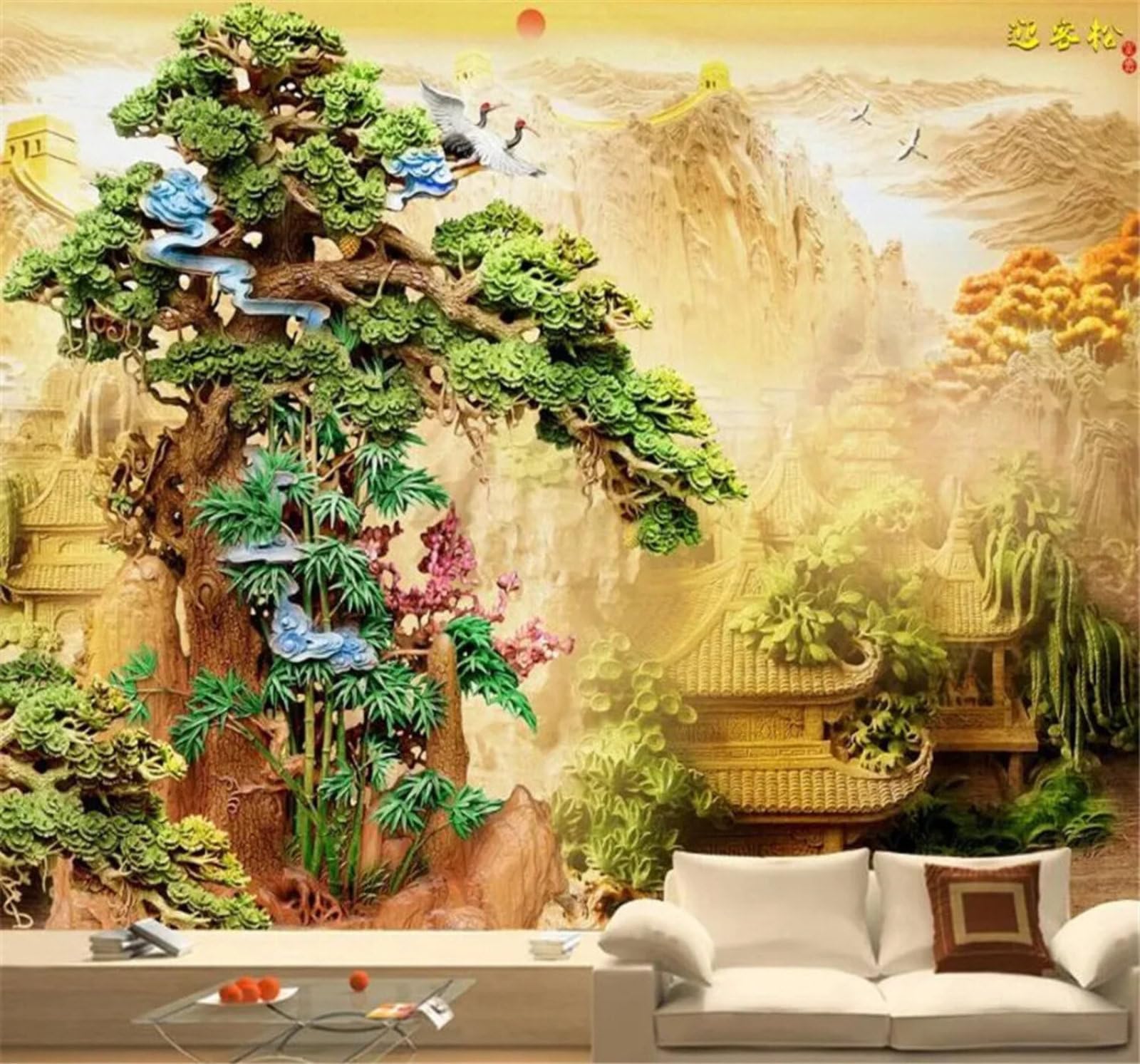Tzxztt Wood Carving Pine Tree Birds in Flight Mountain Peaks Landscape Modern 3D Wallpaper Premium Textured Silk Neutral Tones Material Ideal for Living Room Bedroom-150cm×105cm