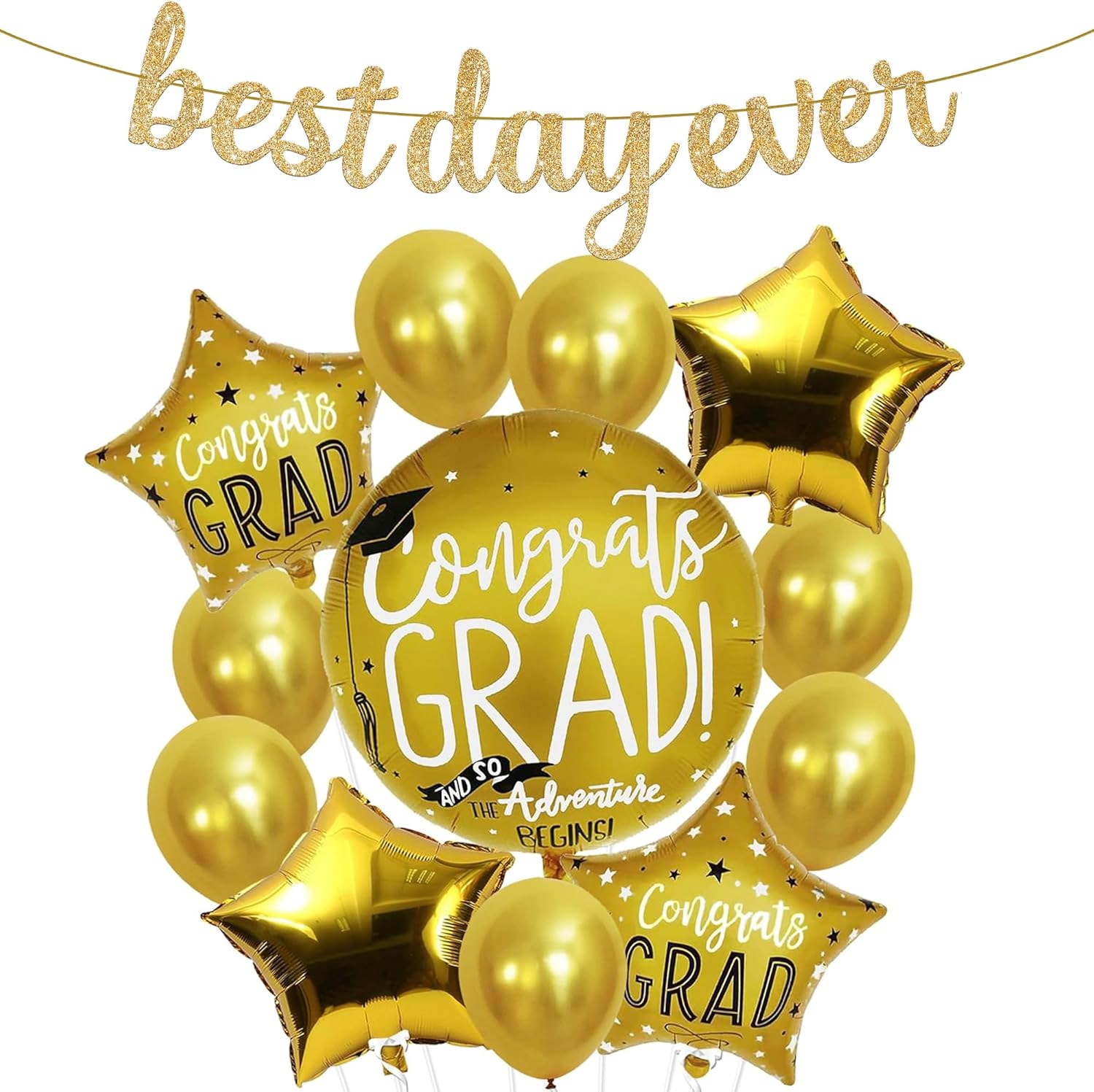 KatchOn, Gold Congrats Grad Balloons - Pack of 13 | Gold Glitter Best Day Ever Banner | Round Grad Foil Balloon with Star Balloons | Congratulations Grad Balloons, Graduation Decorations Class of 2024