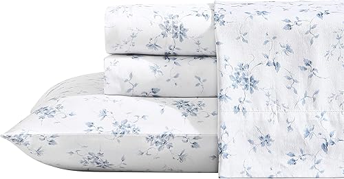 Miniatura 2 de Laura Ashley Home Juego de ropa de cama tamaño Queen de satén de algodón suave, 4 piezas, elegante y transpirable para decoración del hogar, azul