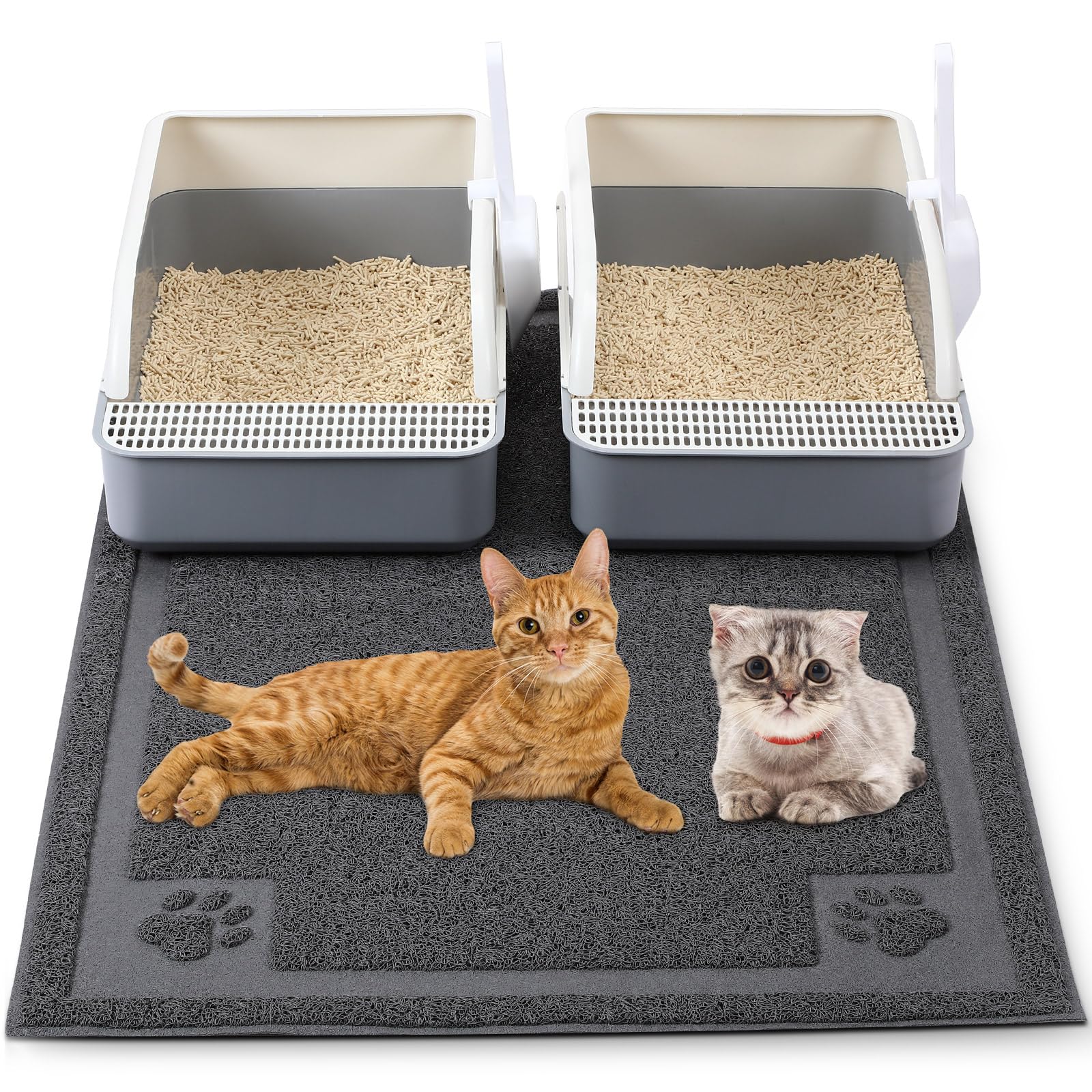 (different color)2 Pcs Kitty Litter Box High Sides with Large Cat Litter Mat Kit Include 2 Sifting Litter Box, 2 Poop Scoopers and 1 Trapping Mat, Cat Toilet Litter Box Starter Kit for Kittens Under 9 LB