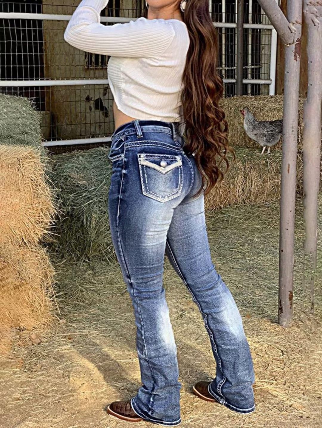 Flamingals Boot Cut Jeans for Women Trendy Stretch Jeans Butt Lifting Tummy Control Denim Pants Sea Blue 2XL