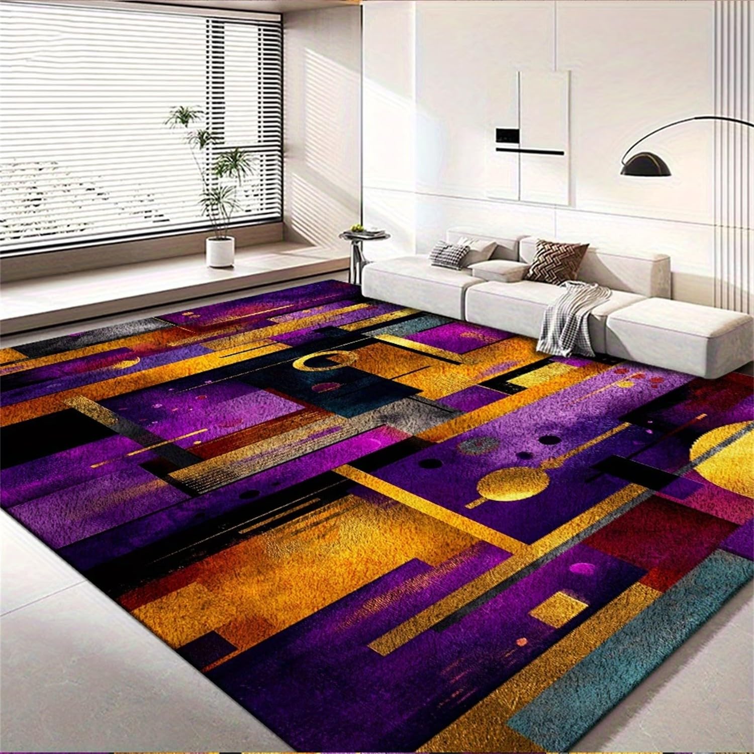 Kuluoits Purple Geometric Rug for Living Room, 100x150cm Modern Nordic Stylish and Beautiful Living Room Rug, Abstract Plaid Print Rugs, Soft, Machine Washable, Non-Shedding Low Pile Floor Carpet