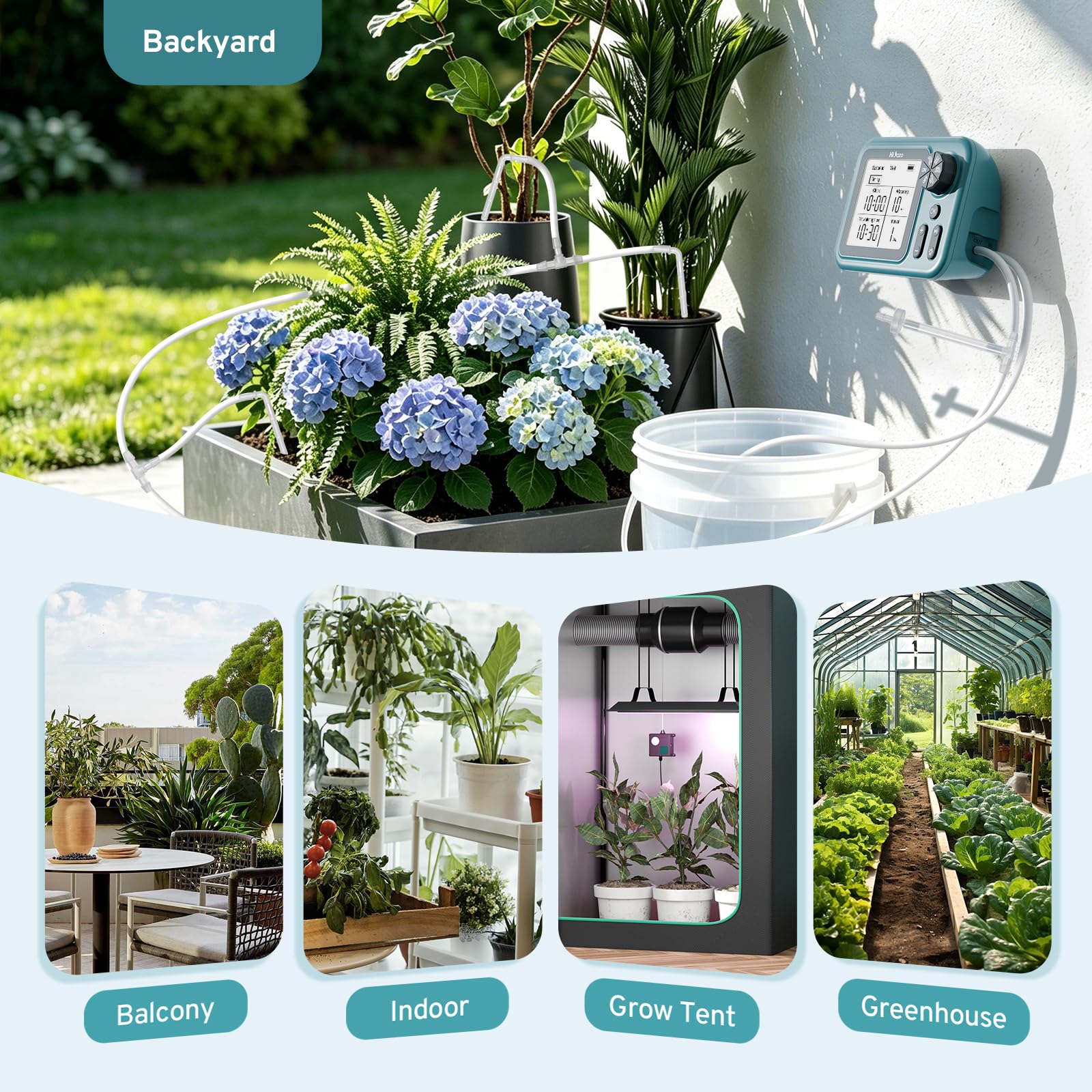 Kit di Irrigazione a Goccia Automatico con Pannello Solare 4W | Pompa 800ml/min per 15 Piante, Batteria 2000mAh, Display LCD 3.5" Programmabile, Valvola Antisifone, per balcone e giardino