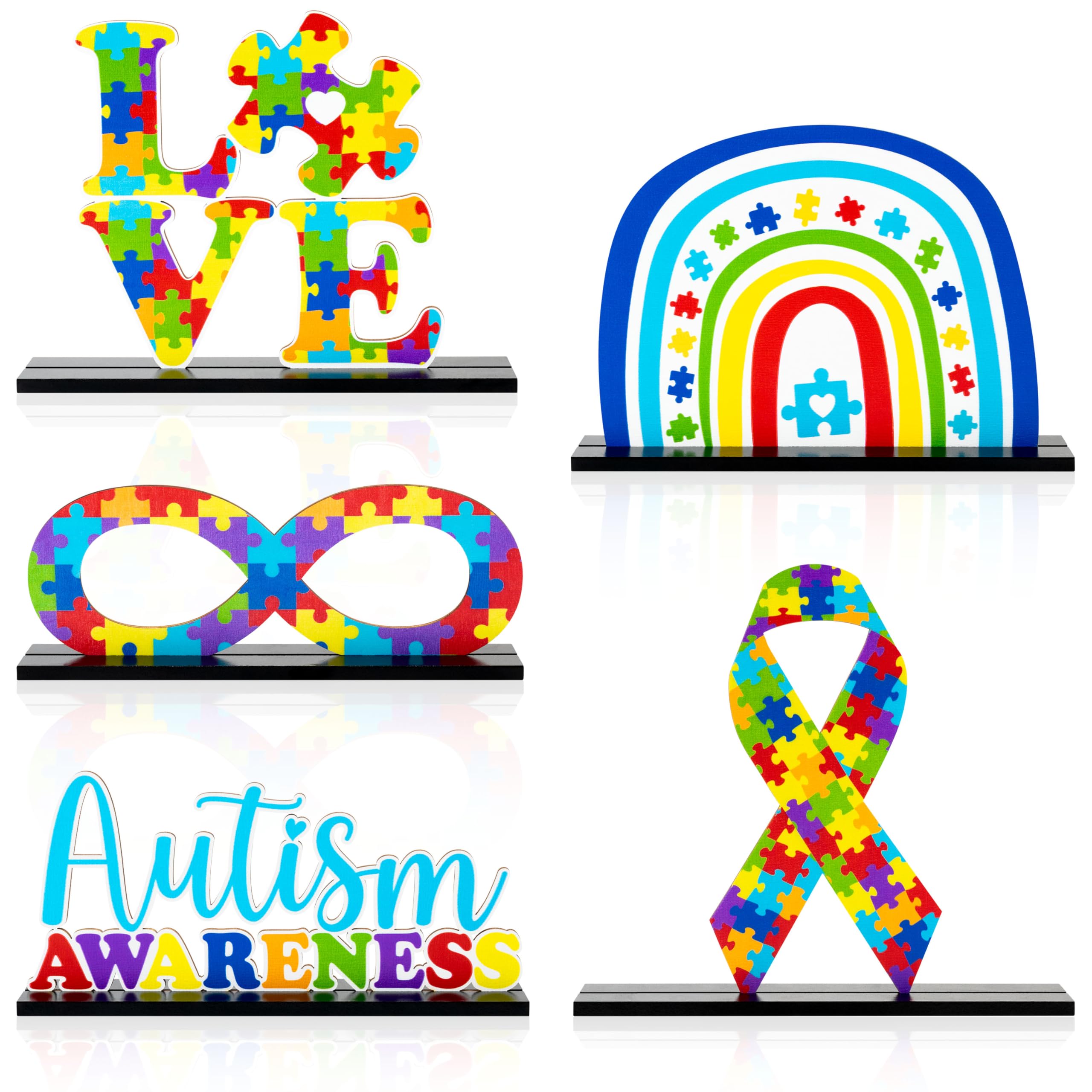 Haooryx Autism Awareness Table Centerpieces - 5Pcs Autism Awareness Wooden Table Topper Centerpiece Decoration April Puzzle Pieces Letter Sign Party Desktop Wood Craft Onference Encourage Charms Decor