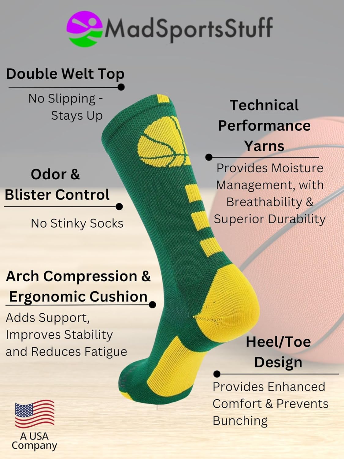 MadSportsStuff Basketball Socks for Boys Girls - Youth & Adult Athletic Crew Socks - Cushioned Moisture Wicking Performance - Image 5