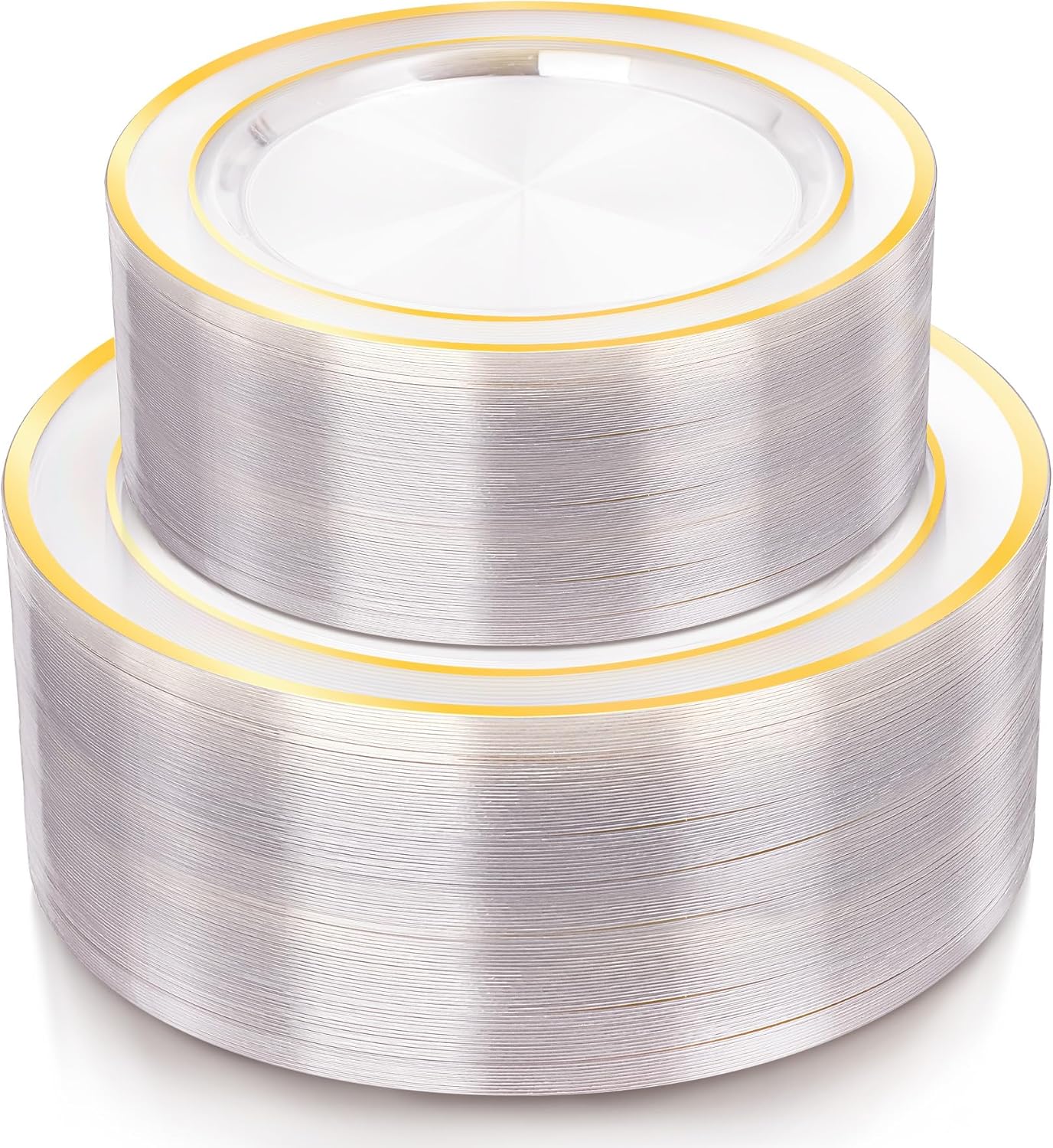 Lullaby 200PCS Clear Plastic Plate with Gold Rim, Includes 100pcs Dinner Plates 10” and 100pcs Dessert Plates 7”, Disposable Elegant Plate for Birthdays, Parties Weddings and Daily Use