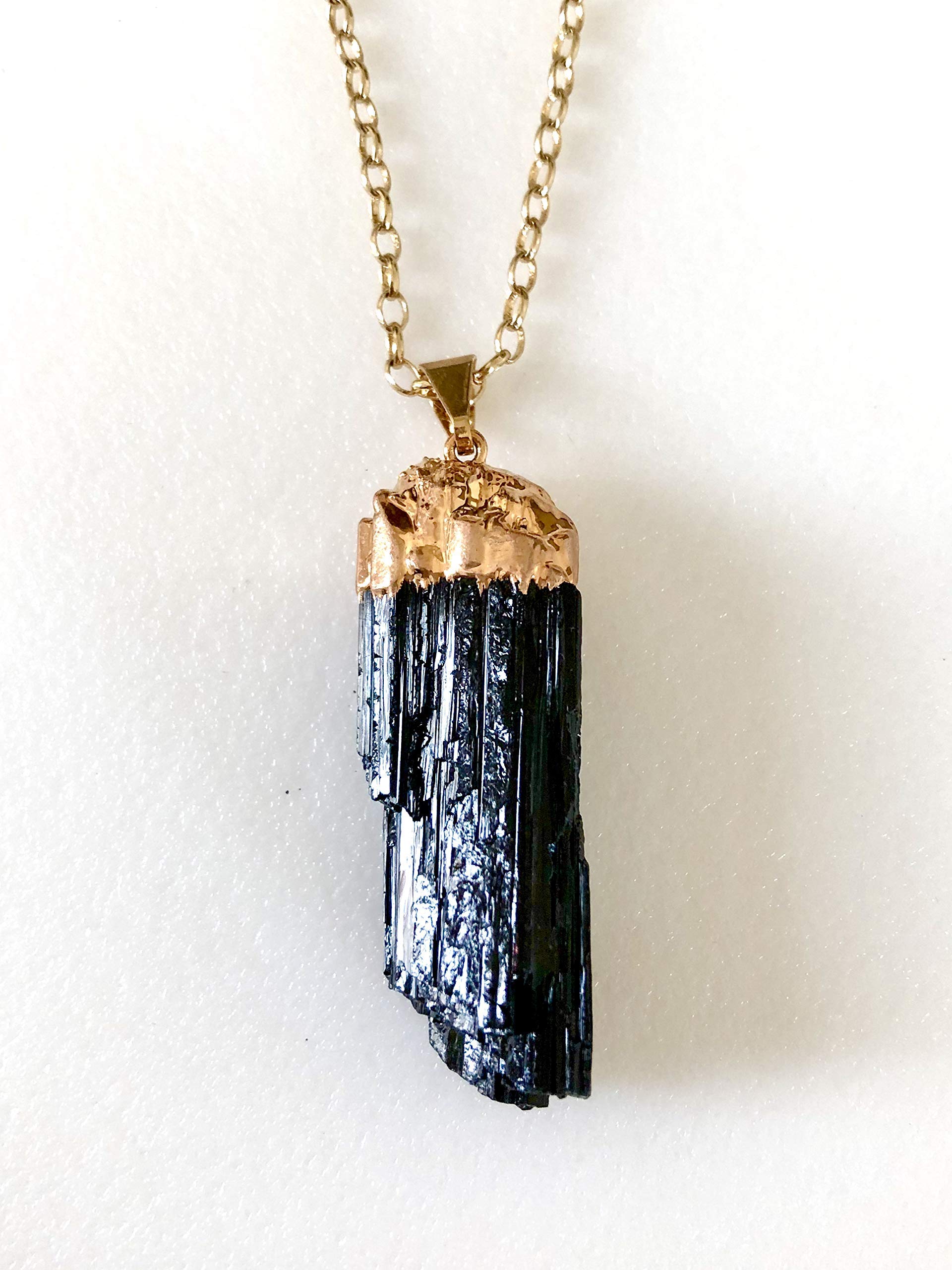 Black Tourmaline Necklace, Raw Black Tourmaline Rectangle, Healing Crystal, Grounding Gemstone, Meditation Stone, 24K Gold Electroplated, Unisex.