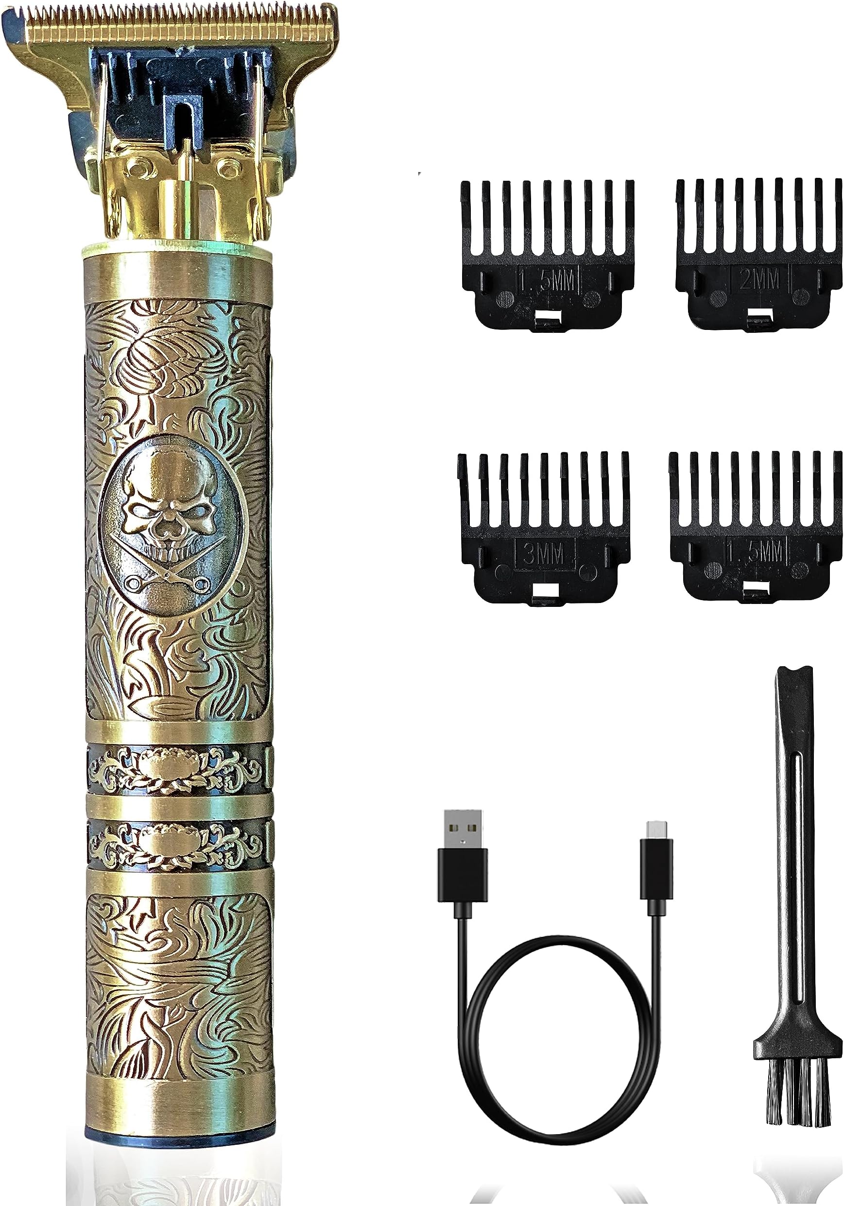 Sprinters - Men Hair Clipper Zero Gapped 6 in 1 Professional Cordless Metal Body Trimmer | Haircut USB Charging Beard Trimmer Wireless Rechargeable Gold Colour Vintage Design (Skull Design, Gold)