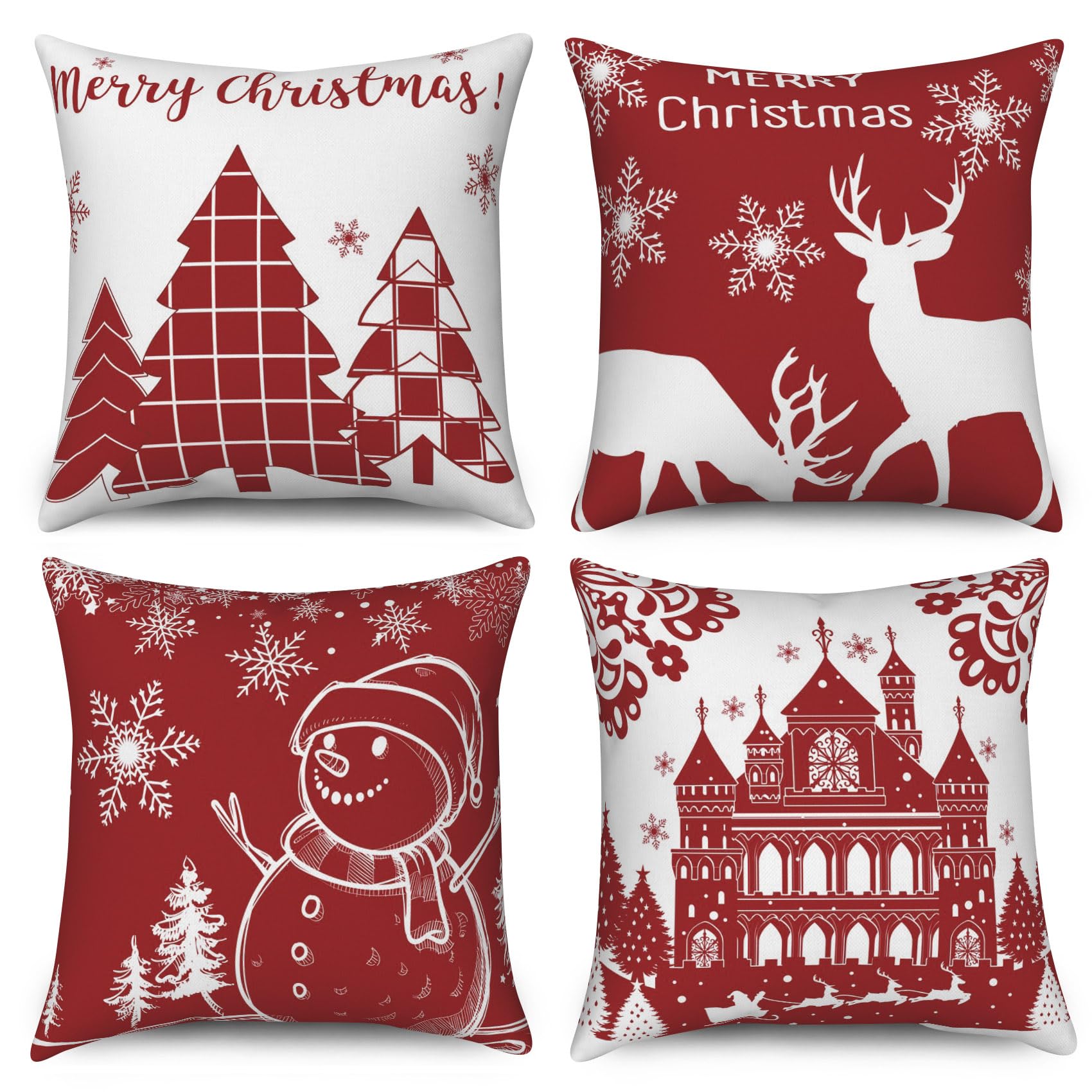 ASDCXZ Christmas Cushion Covers 45cm x 45cm Set of 4, Red White Deer Snowman Christmas Tree Xmas Outdoor Garden Sofa Decoration Cushion Cover Washable Polyester Linen Fabric Upholstery Pillow Cover