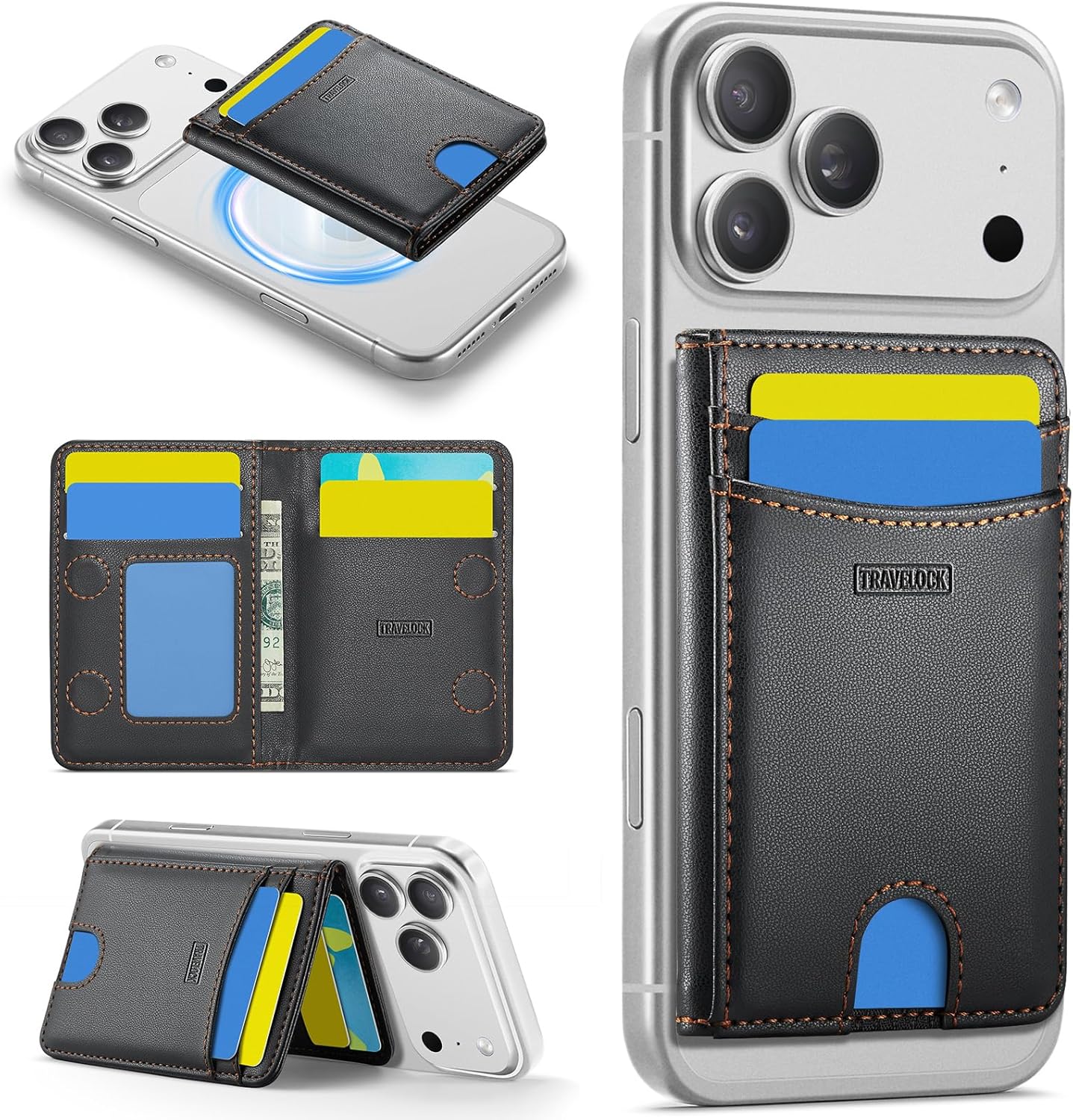 for Magsafe RFID Anti-Theft Phone Wallet, Magnetic Desktop Phone Stand, Ultra-Thin Business Travel Leather Textured Card Holder, for All iPhones, Samsung, Galaxy Phones and Phone Cases.