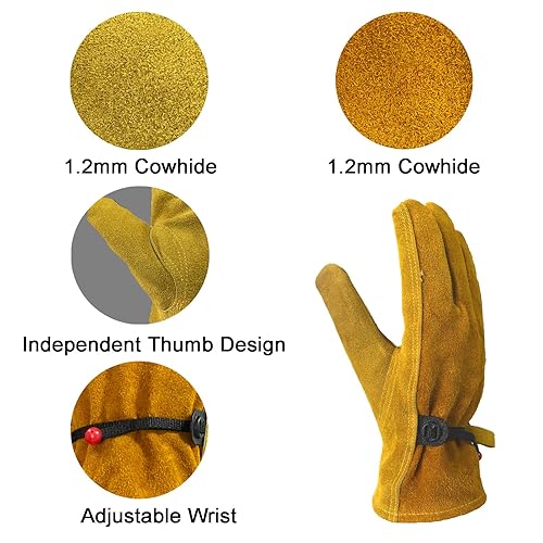 Miniatura 8 de Guantes de cuero a prueba de espinas de piel de vacuno con forro de algodón para desmalezar, podar y trabajar en el patio para hombres