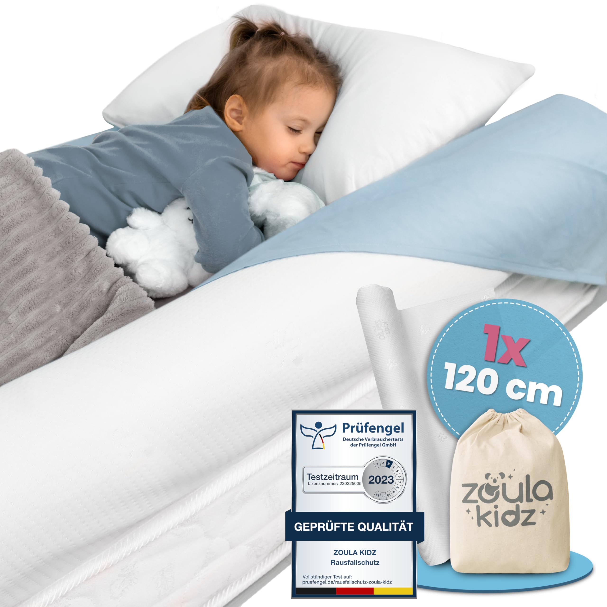 zoula kidz® aufblasbarer Rausfallschutz mit Oeko-TEX® Stoffbezug – Kissen statt Gitter – geeignet für alle Betten: Boxspringbett, Elternbett & Kinderbett