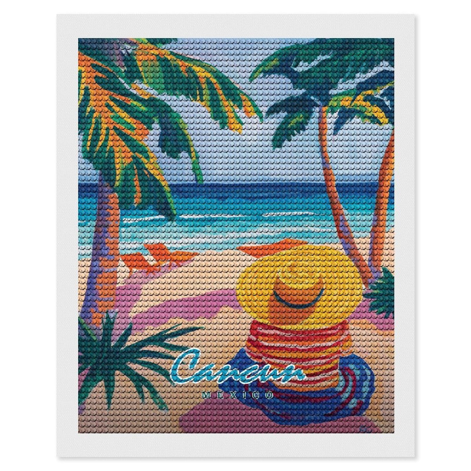Junmoney Cancun Beach Painting Diamond Art Canvas 16"x20", Easy to Follow Symbols, Finish and Display, Fun Craft Experience, Aesthetic Room Decor