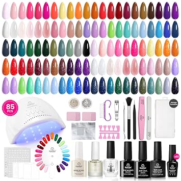 Beetles Gel Nail Kit Easy Nail Extension Set Etch X Nail Tips 504Pcs and 85 Pcs Gel Nail Polish Kit with UV Light 55 Colors Gel Nail Kit for Beginners