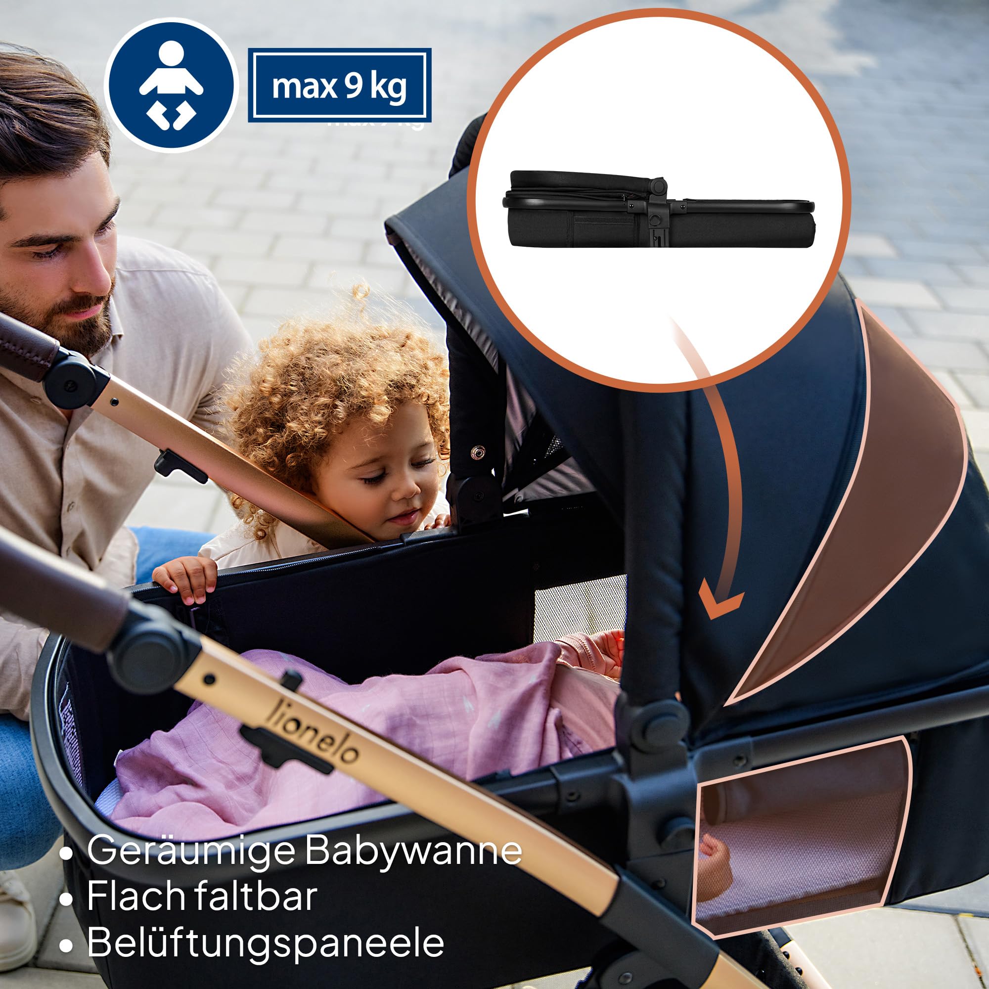 LIONELO Amber Kinderwagen 2 in 1 Kombikinderwagen, Kinderwagen Set | mit sportlichen Sitz und fester Babywanne, Tasche, Moskitonetz, Abdeckung Regenblatt (Grau)