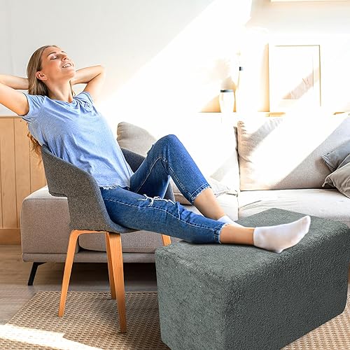 Miniatura 9 de Puf otomano rectangular de relleno con relleno de trozos de espuma, diseño de tela peluda, puf multifuncional para sala de estar, gris oscuro