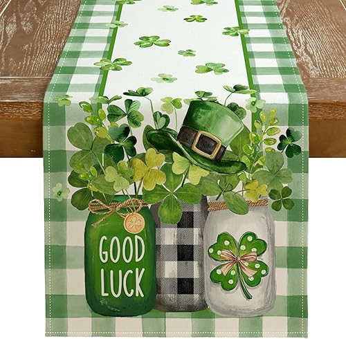 GEEORY Camino de mesa del Día de San Patricio de 13 x 36 pulgadas, tarro de masón a cuadros de tréboles, decoración decorativa de mesa navideña para
