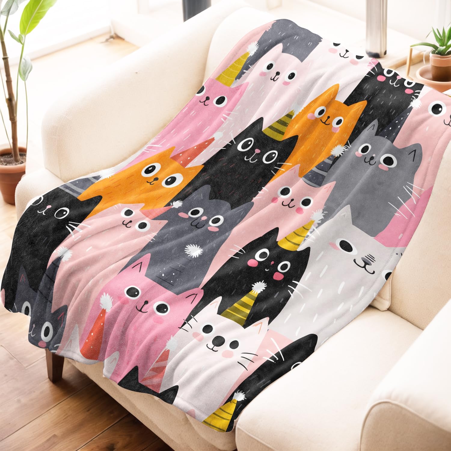 Cartoon Cat Blanket, Colorful Cute Kitty Party Flannel Throw Blankets, 50"x60", Soft Warm Lightweight Fuzzy Cozy Throws for Couch Bed Sofa Decorative Gifts for Pet Lover Girls Kids - Image 2