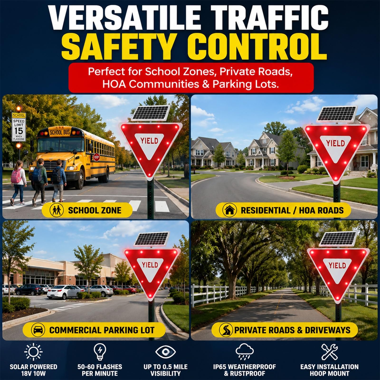 Señal de Tráfico Solar LED Intermitente en 24 y 32 Inch Seguridad Vial Paso Peatonal Metal con Sensor Crepuscular Automático para Condominios