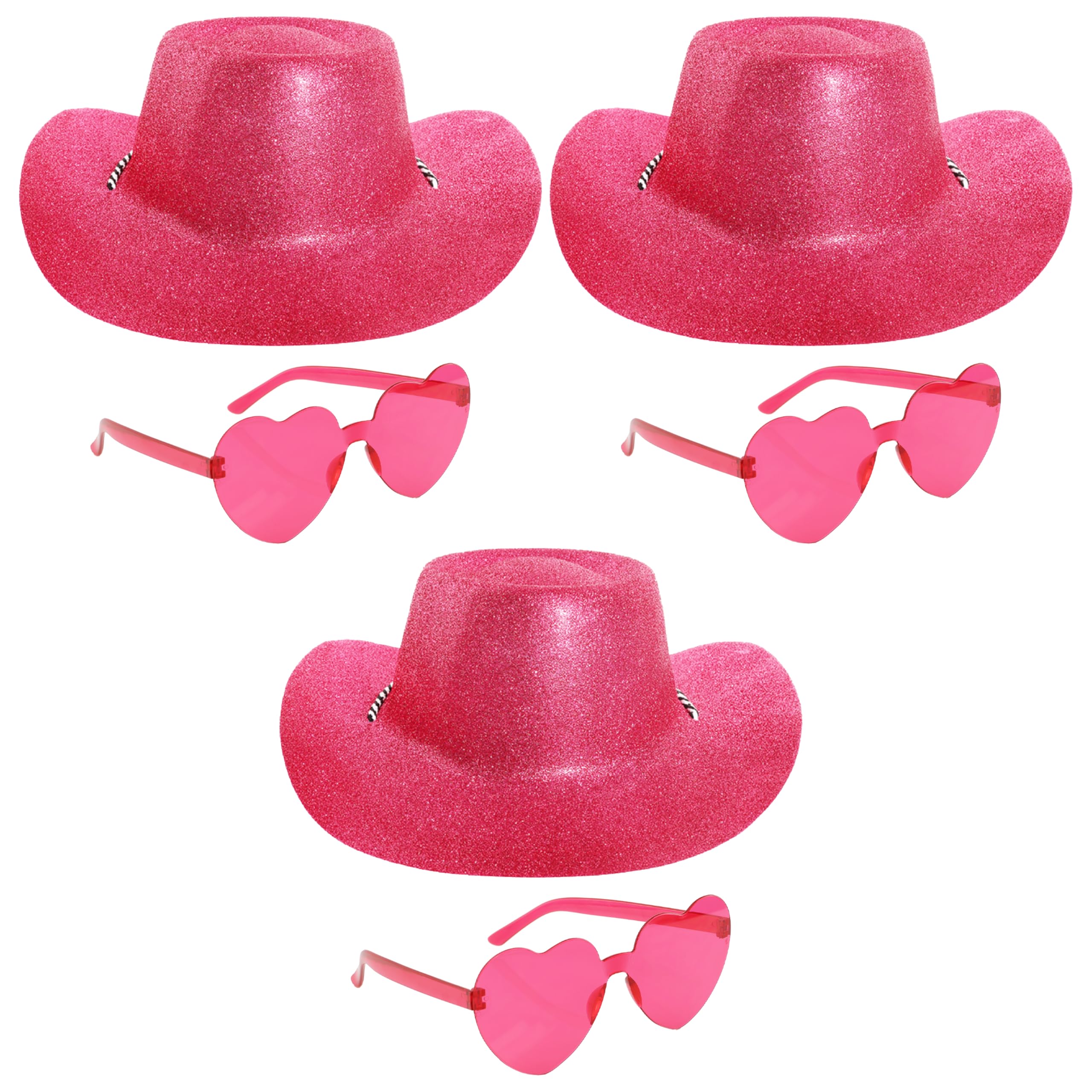Glitter Cowboy Hat & Glasses Accessory Set - Pack of 3 - Pink Glitter Cowboy Hat and Pink Heart-Shaped Glasses - Adults Music Concert Fancy Dress Costume Accessory