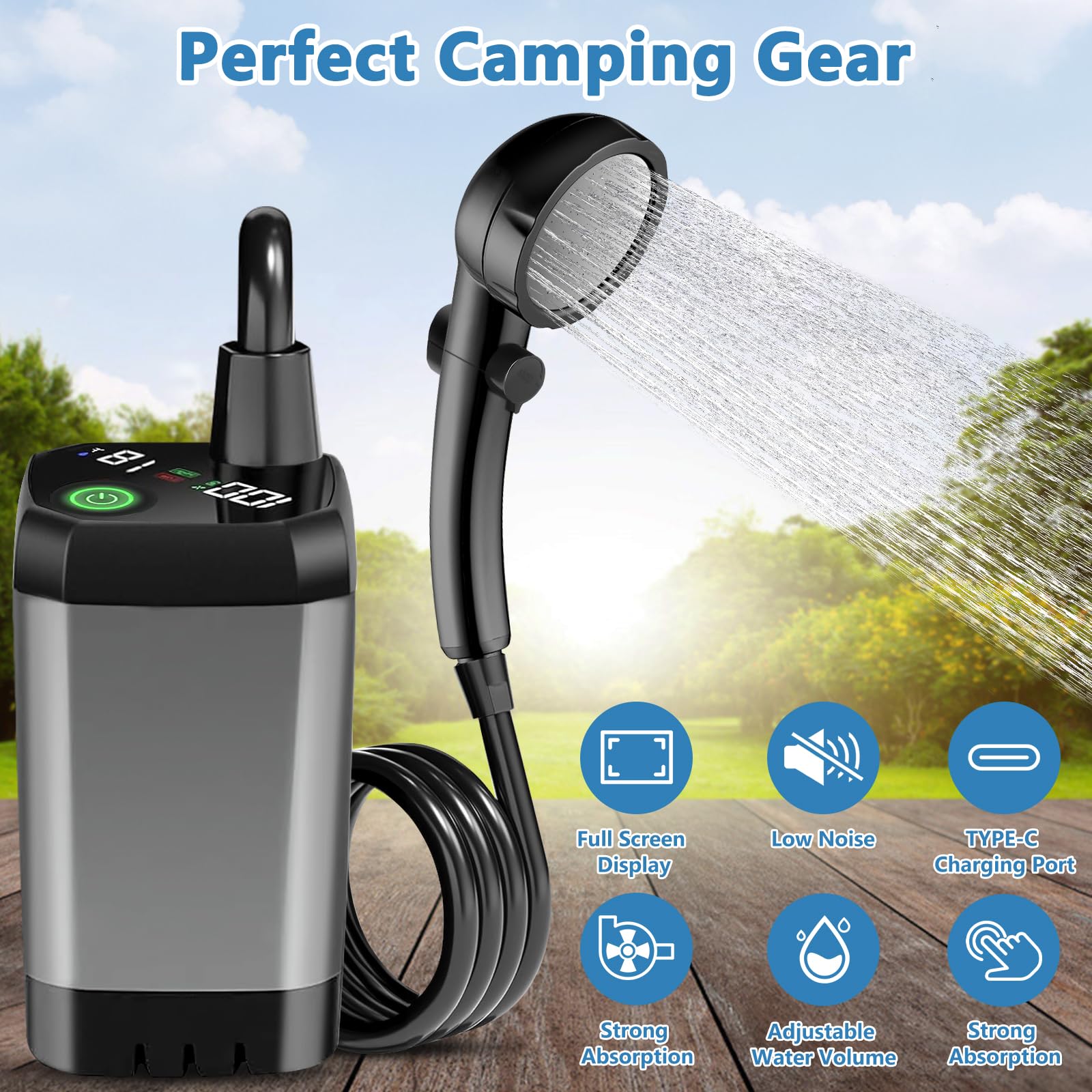 Ducha Portatil, Ducha Portatil Camping, 6000mAh Batería Recargable Ducha Camper, Ducha Camping con Pantalla LED Inteligente 4 Modos, Duchas Portatiles para Camping, Jardín, Lavado de Coches