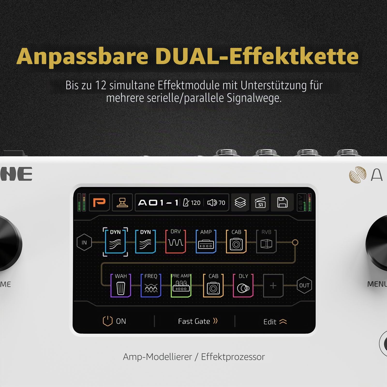 HOTONE Multi-Effektpedal-Dual-Effekt-Ketten mit Expression-Pedal, FX Loop, MIDI I/O Stereo, OTG, USB-Audio-Schnittstelle, Touchscreen, Ampero II (inklusive 10 zusätzlichen Fußschalter-Aufsätzen)