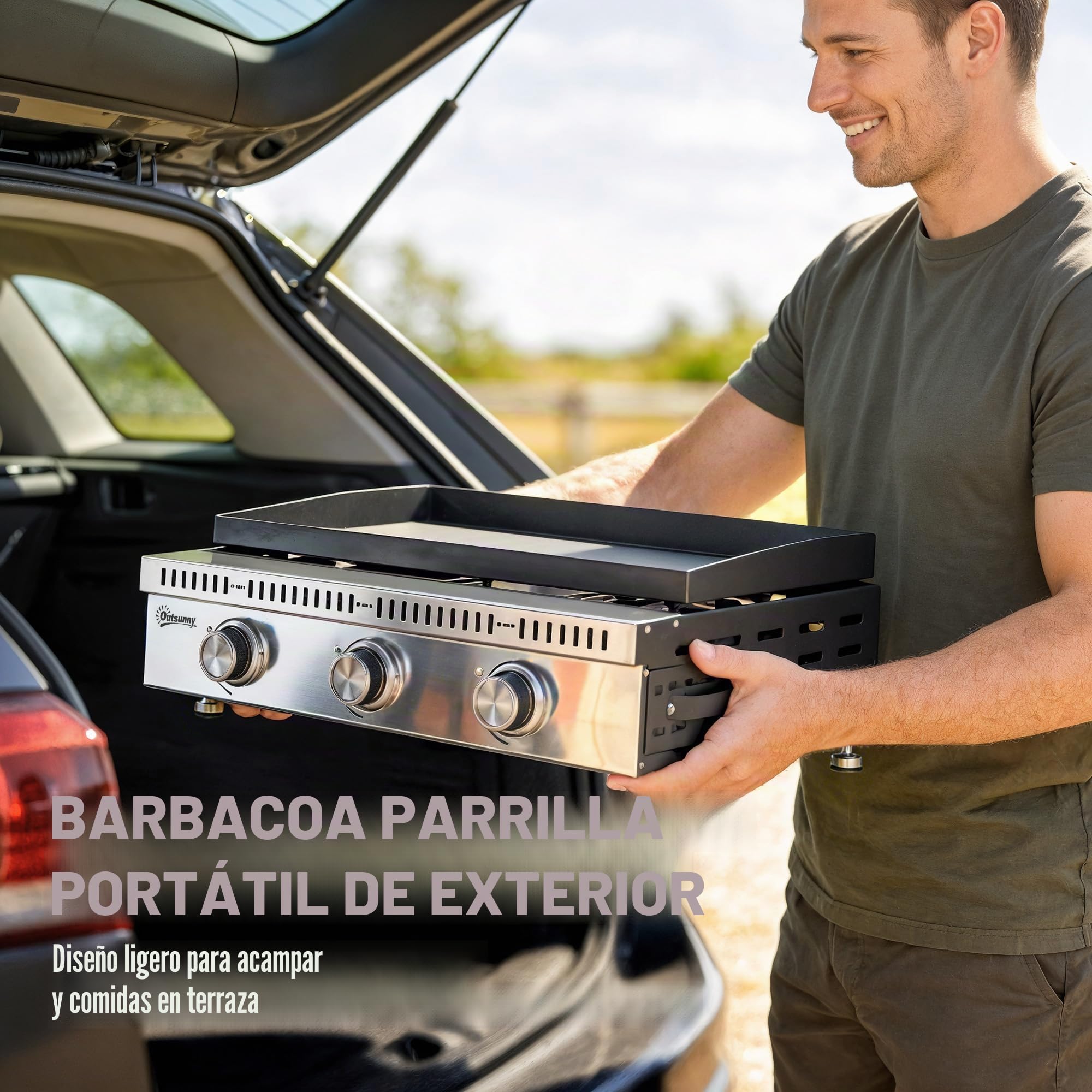 Outsunny Barbacoa de gas, 9 kW, 3 quemadores, acero inoxidable, superficie de parrilla 56,5 x 33 cm, con recogedor de grasa, propano/butano/GLP, portátil para camping, picnic y terraza, negro