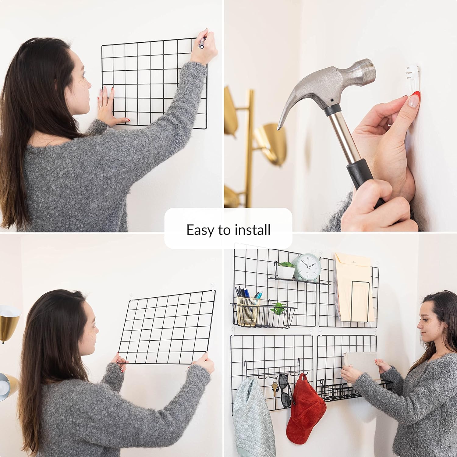 4 Pack Wire Wall Grid Panel With Accessories | Includes Hanging Baskets, Letter Sorter, Shelf & Hook Rack | Grid Wall Panels | Photo Grid | Hanging Home, Office & Kitchen Décor