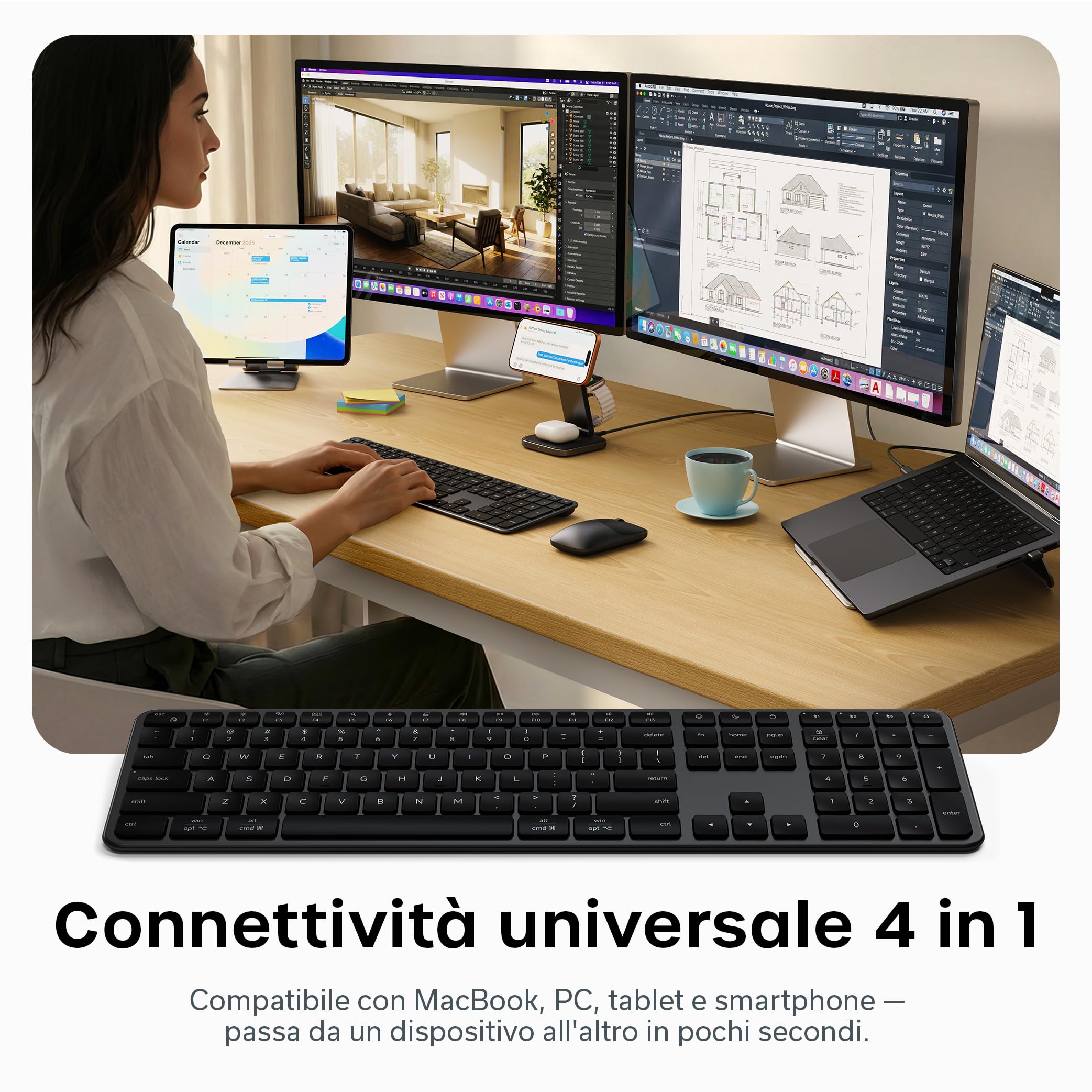 Satechi Tastiera Wireless Slim EX3, Layout 𝗤𝗪𝗘𝗥𝗧𝗬 𝗨𝗦, Bluetooth con Tastierino Numerico, Multi-Dispositivo, Ricevitore 2,4 GHz E Ricaricabile, per Mac, Windows E Android – Nero