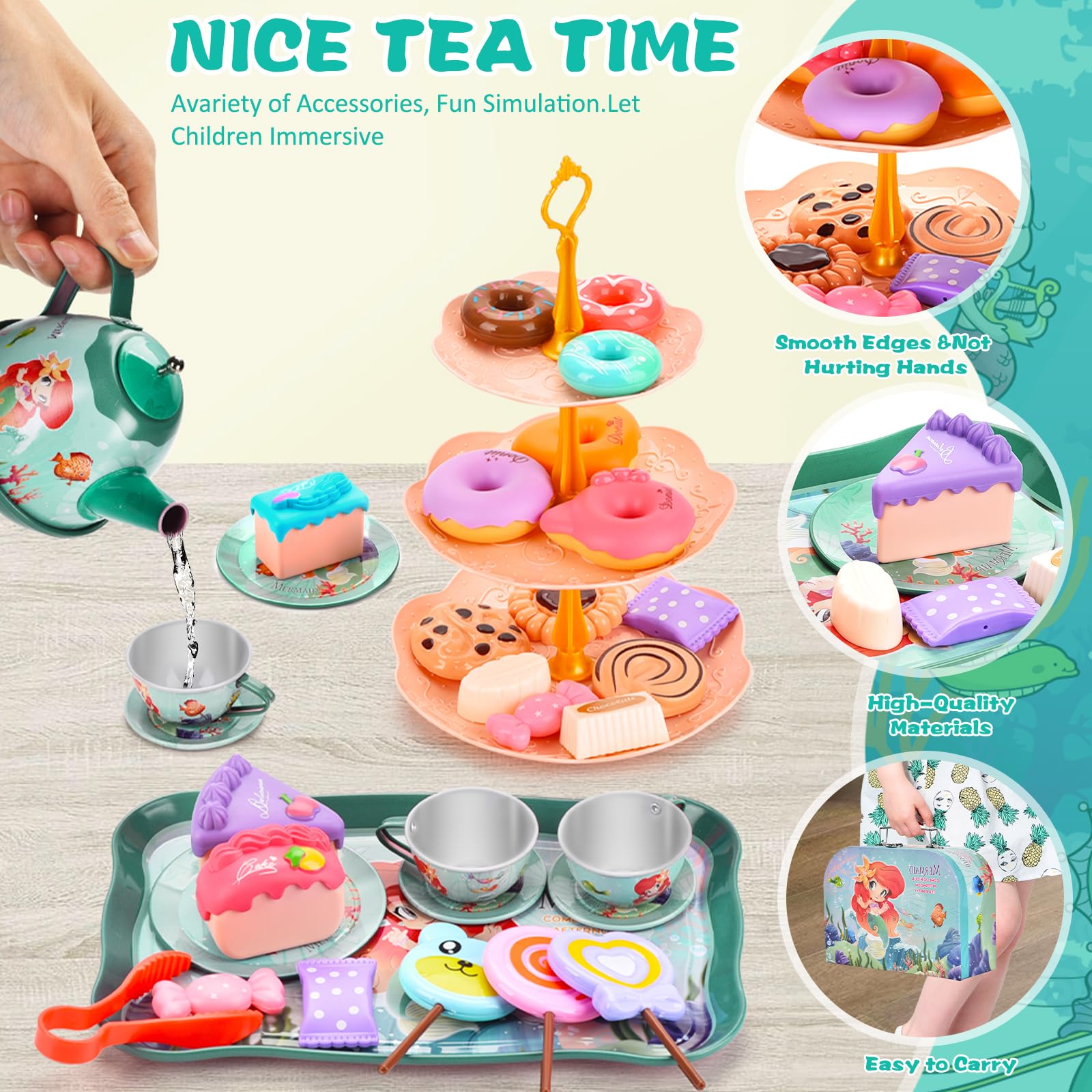48 PCS Set da Tè per Bambini,Giocattoli Sirena di Latta Tea Party Finta di Giocare con Dessert Donut,Tea Party Finta di Giocare Sirena Compleanno Regalo per Bambina 3 4 5 6 7 Anni