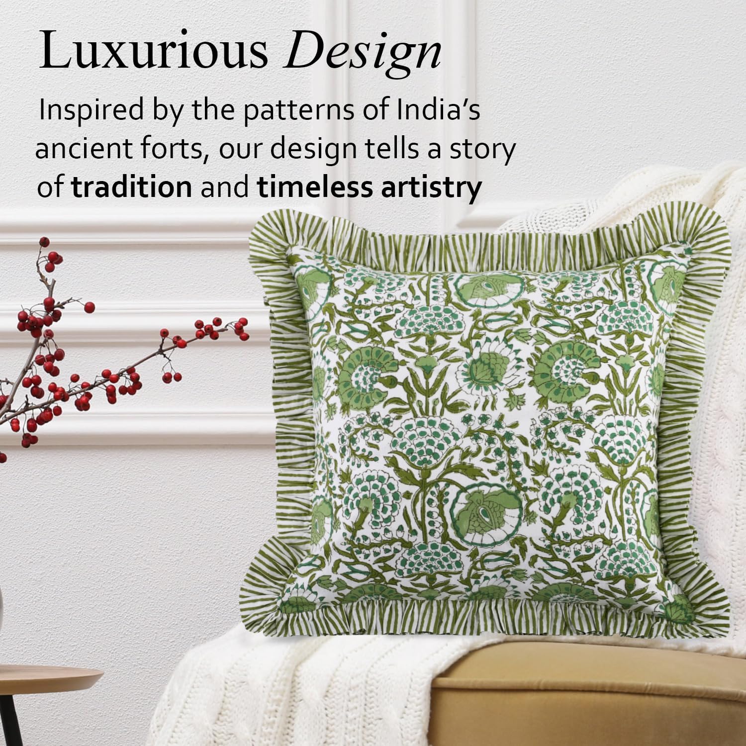 CPC Agate Green Ruffle Throw Pillow Covers for Couch, 20x20 Inch Cotton Stripe Ruffle Couch Pillows for Living Room, Hidden 16 Inch Zipper Boho Pillow Case or Cute Outdoor Pillows - Image 4