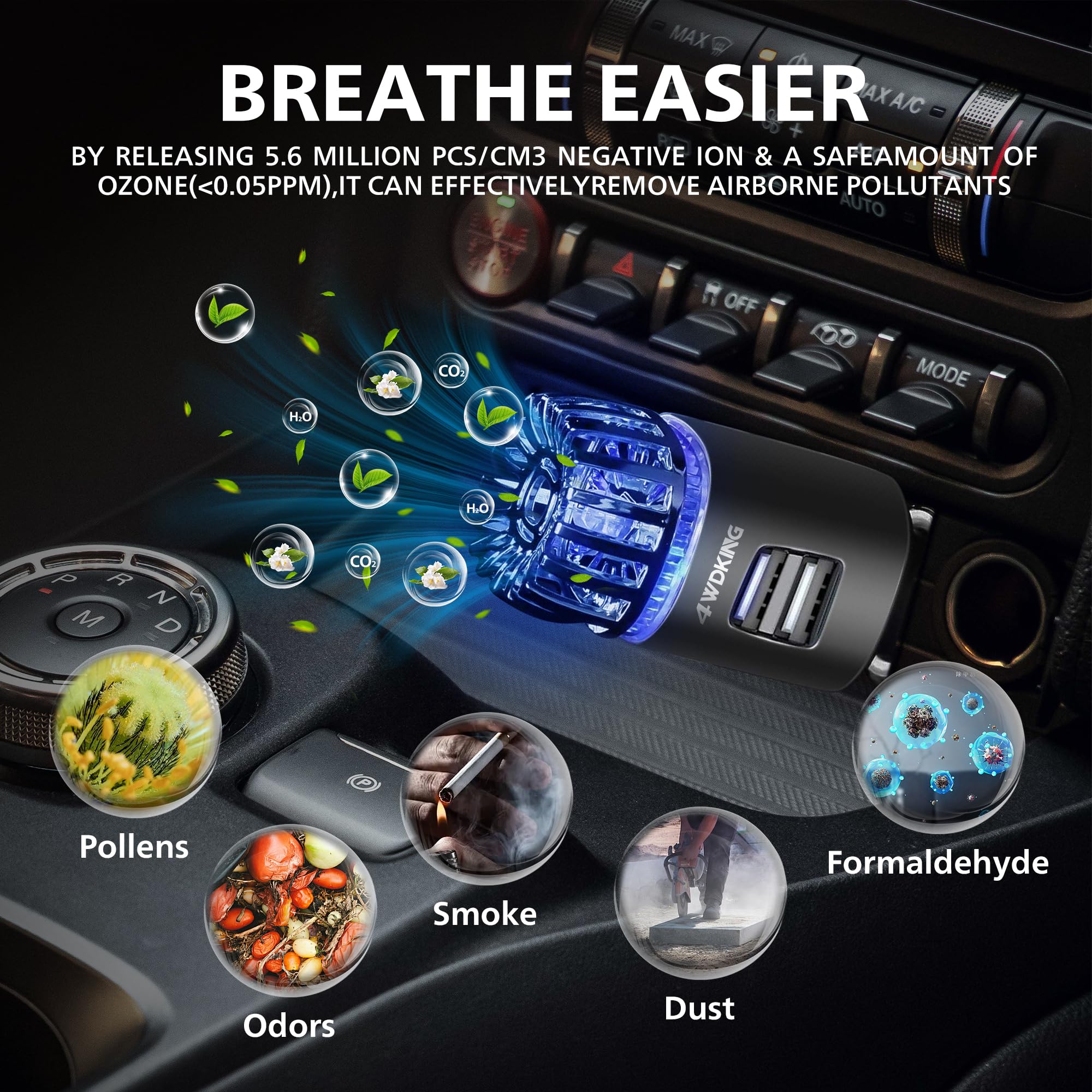 4WDKING Ionizador purificador de aire para coche, 12 V, ambientador de coche enchufable, con cargador USB doble, elimina el humo del cigarrillo, el olor de mascotas y alimentos, ozono iónico (plata)