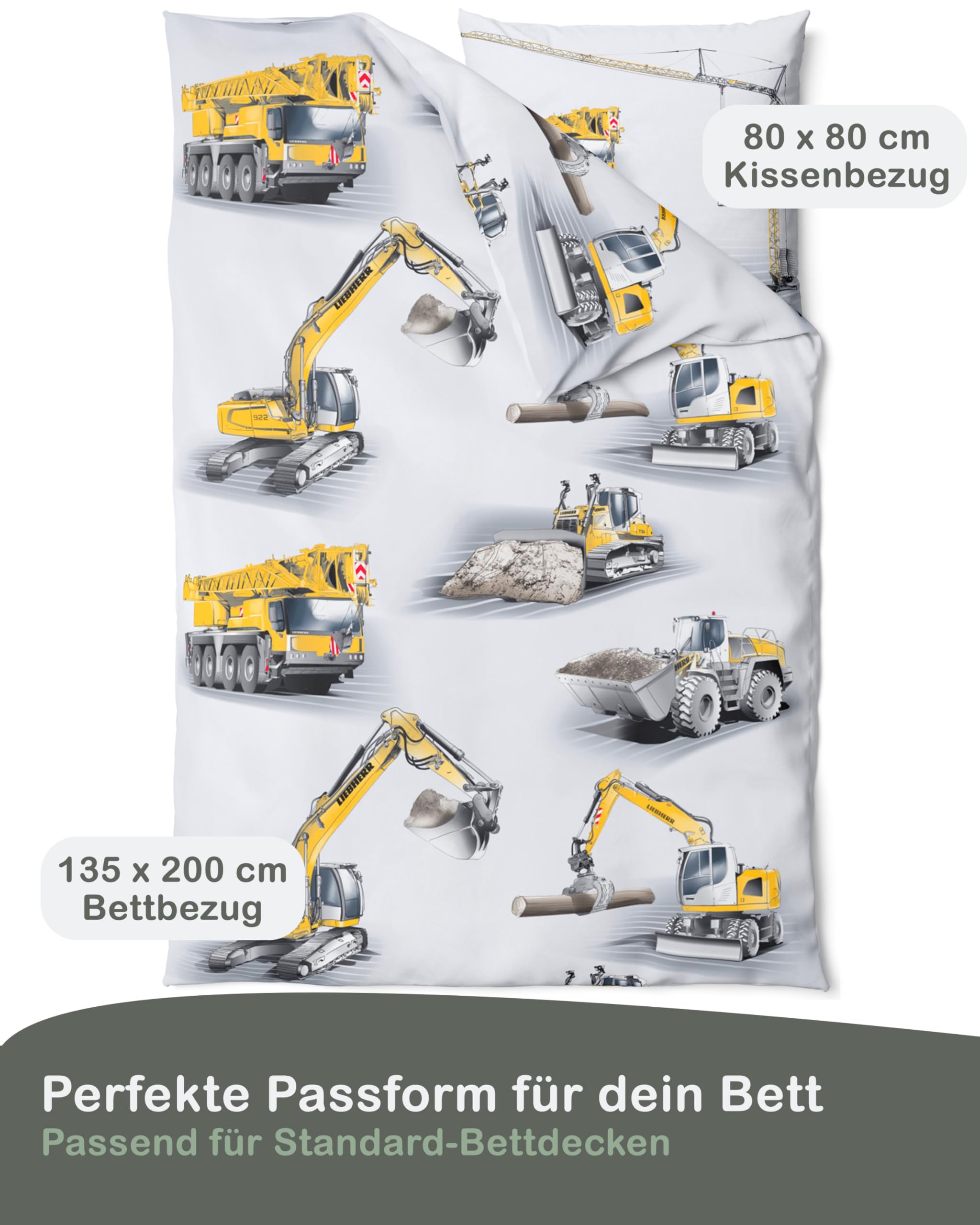 Bagger Bettwäsche 135x200 2teilig - Kinderbettwäsche 135x200 Jungen mit Baustellenmotiven - LIEBHERR Biber Bettwäsche Baumwolle für Jungs