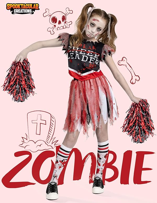 Spooktacular Creations Zombie Halloween Cheerleader Costume, Girls Scary Cheerless Costume, Kids Dead Cheerleading Outfit for Halloween Role Play Themed Parties, Red Black, L by Spooktacular Creations - Image 2