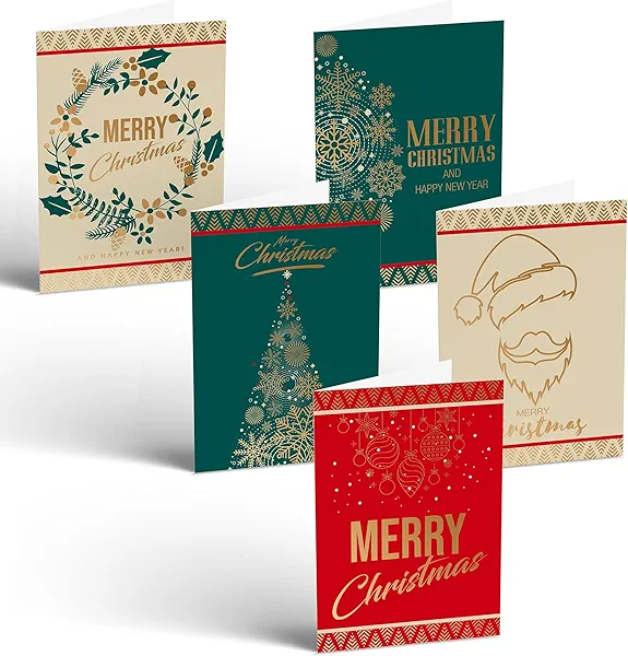 Better Office Products 50 Pack Christmas Cards with Gold Foil Iconic Images, 5" x 7", High Gloss, Gold Foil Interior Greeting, with 50 Envelopes, 50 Count Boxed Set