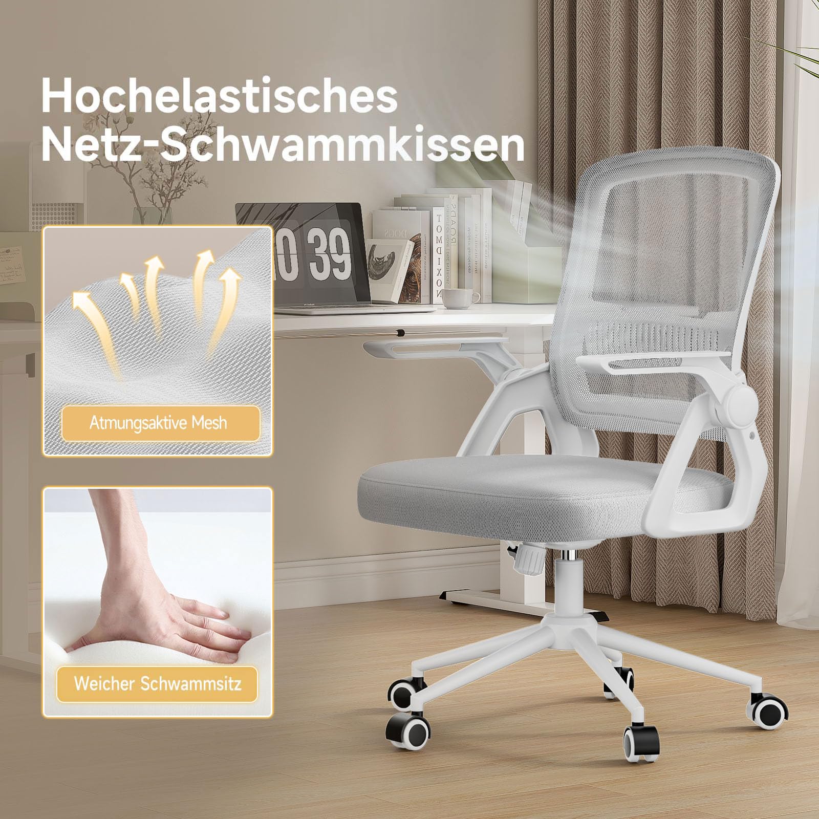 naspaluro Bürostuhl Ergonomisch mit Hochklappbare Armlehnen Grau | Schreibtischstuhl , Drehstuhl mit Netzbespannung, Lordosenstütze, Höhenverstellbarer, Wippfunktion, Gepolstertem Sitzkissen