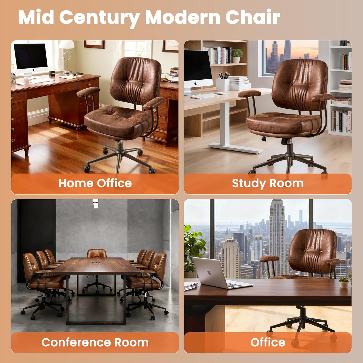 Brown Leather Home Office Chair, Mid Back Ergonomic Desk Chair with Lumbar Support, Mid Century Modern Deep Seat Swivel Rocking Computer Chair, Dark Brown Suede