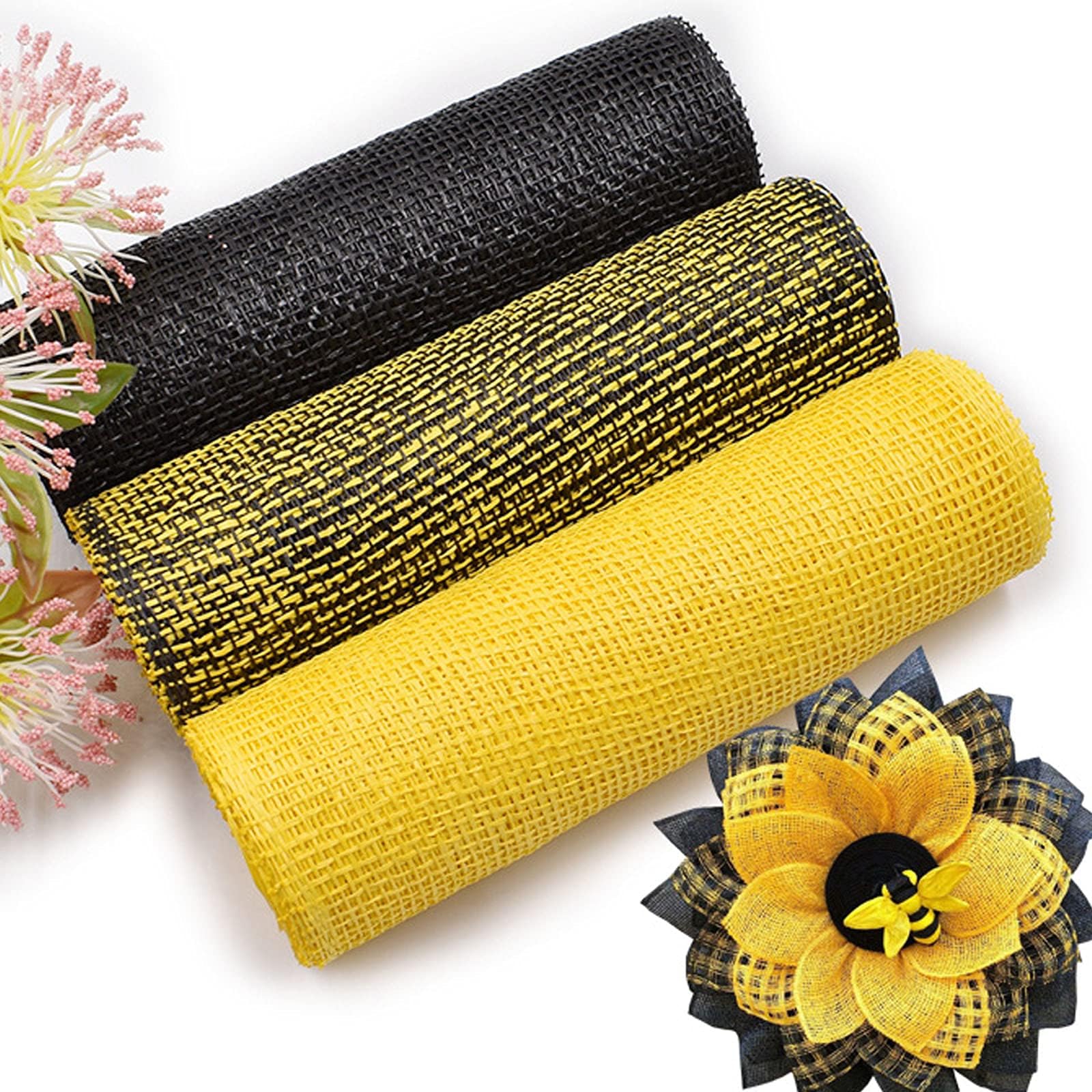 3 Rolls Poly Burlap Deco Mesh -10 Inch Wide Deco Poly Decorative Mesh Ribbon Wrapping Ribbon Rolls for Home Door Wreath Decoration DIY Crafts Making (Black, Yellow, Black and Yellow)