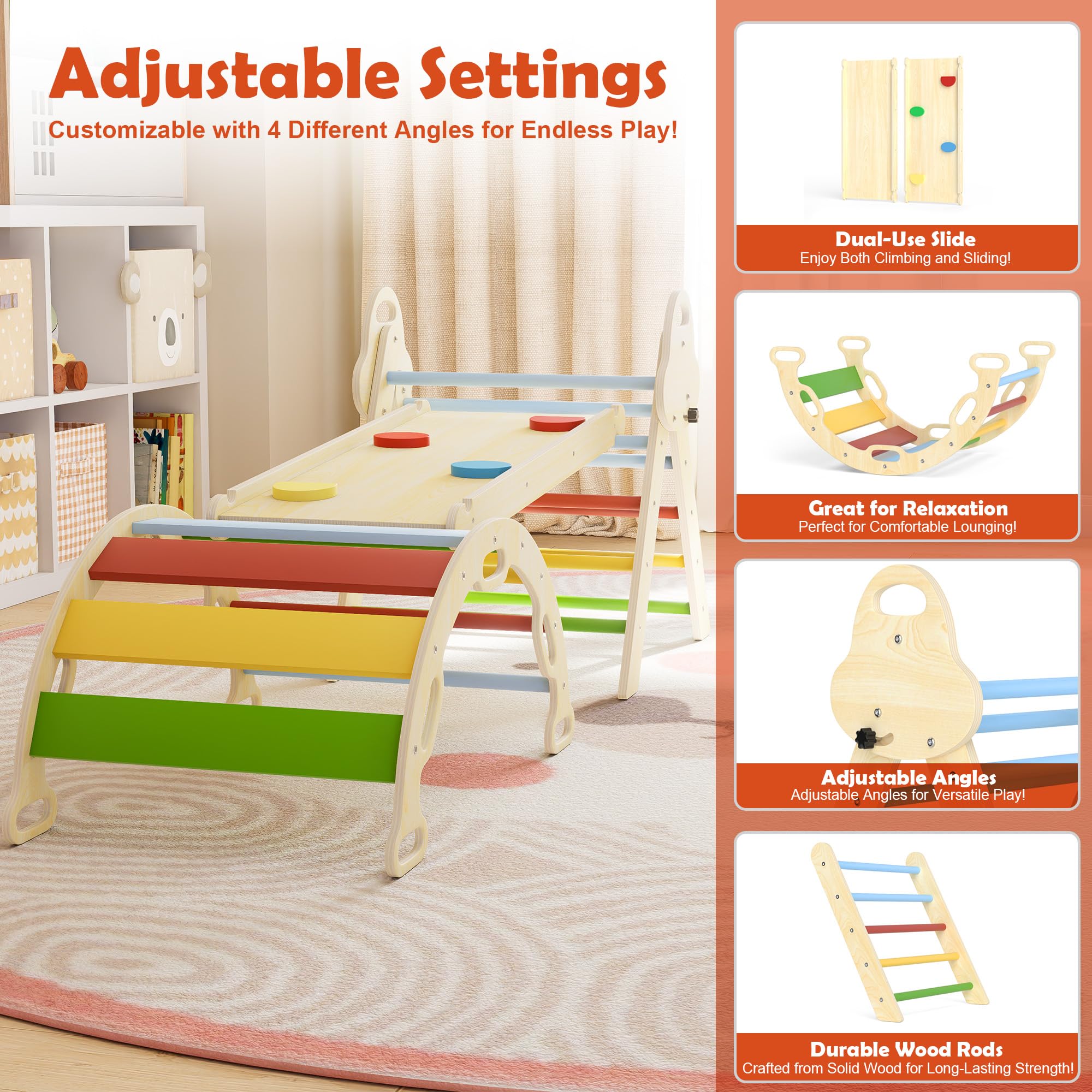 Pikler - Juego de triángulos 7 en 1 para niños pequeños, juguetes de escalada plegables para bebés, juguetes de escalada Montessori de madera con arco, rampa, escalera para 1-3 años, gimnasio de la 3